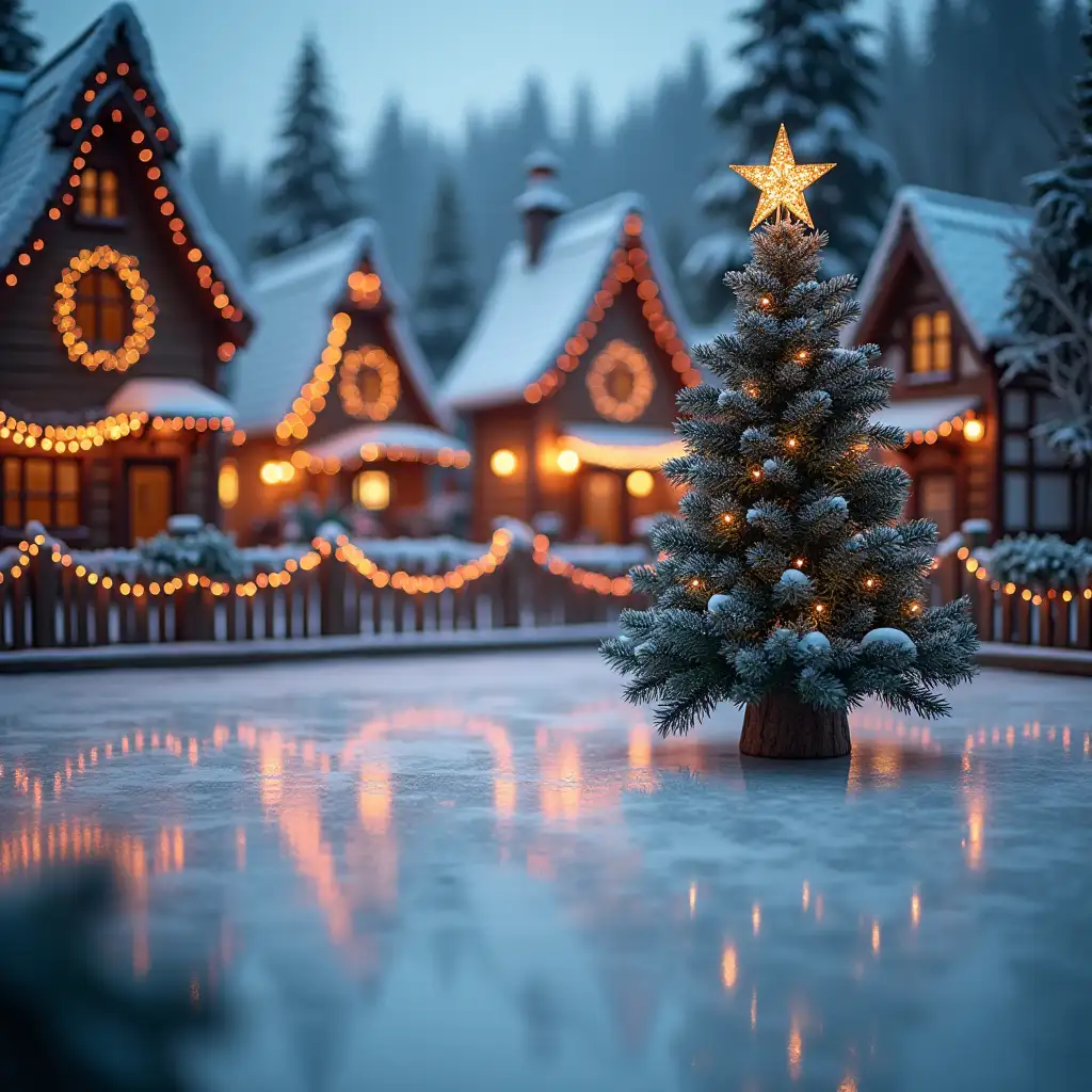 Ice rink with a Christmas tree in a fairy tale village with multicolored garlands, surrounded by a decorated fence, blurred background