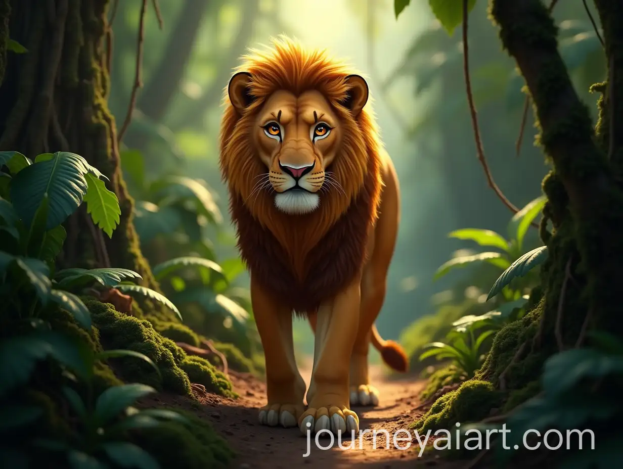 Majestic-Lion-Lukas-Walking-Through-a-Sunlit-Jungle-Trail