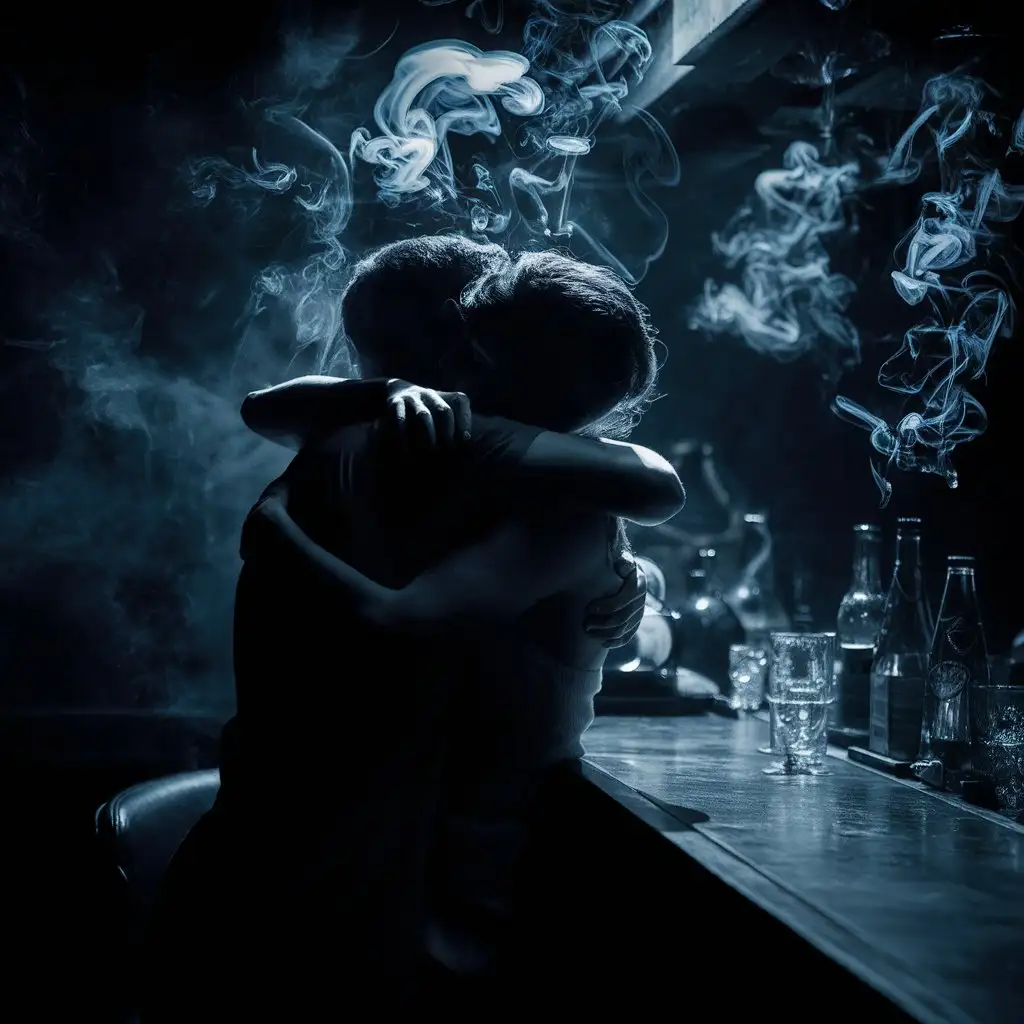 Silhouette of Embracing Couple in Smokey Bar