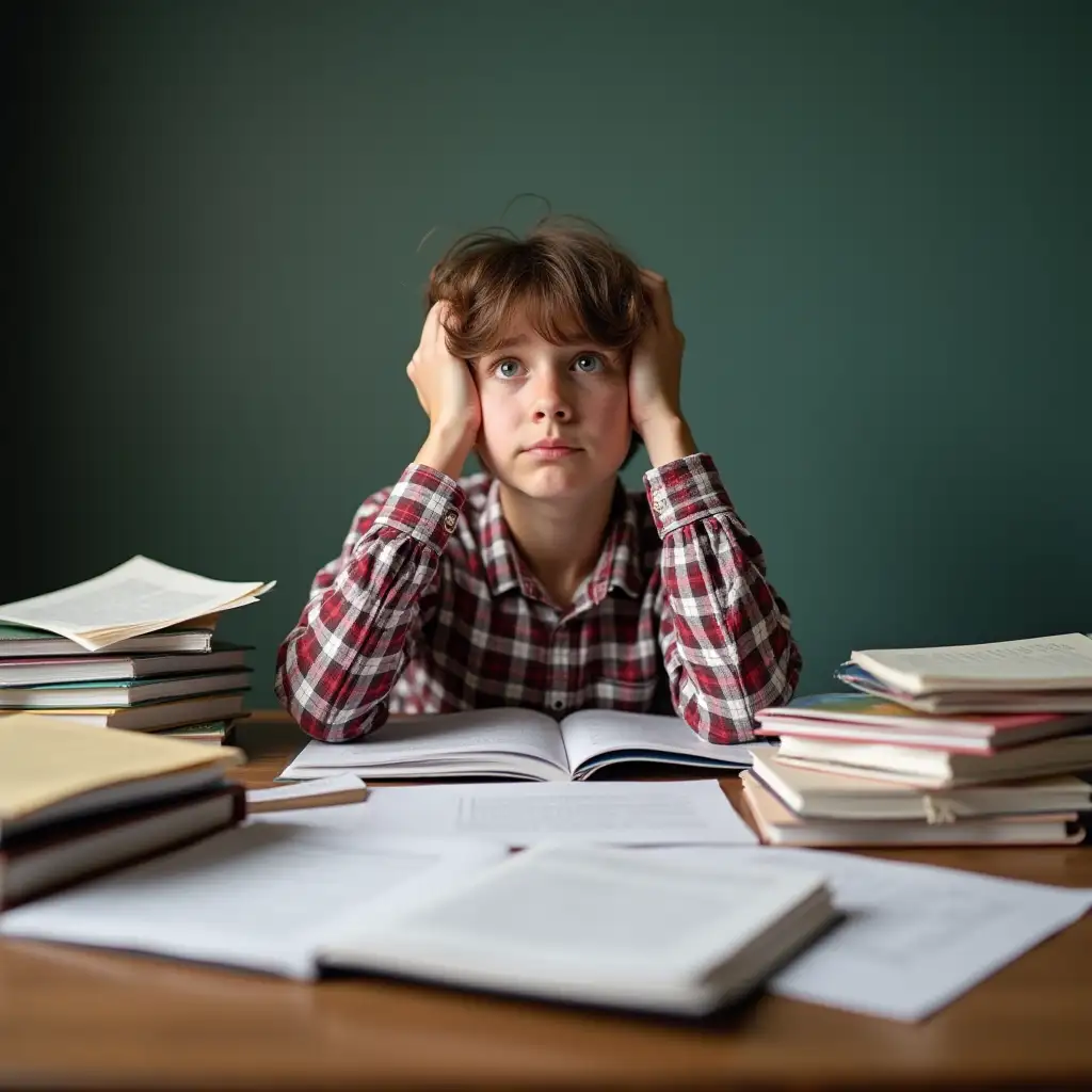 Teenager-Overwhelmed-by-Books-and-Paper-at-Desk