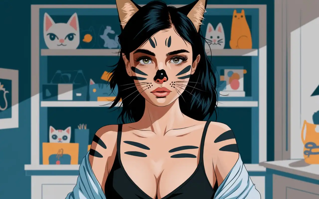 Busty girl with a cat like face and body paint, cat like face and body tattoo, cat ears, cat whiskers face tattoo