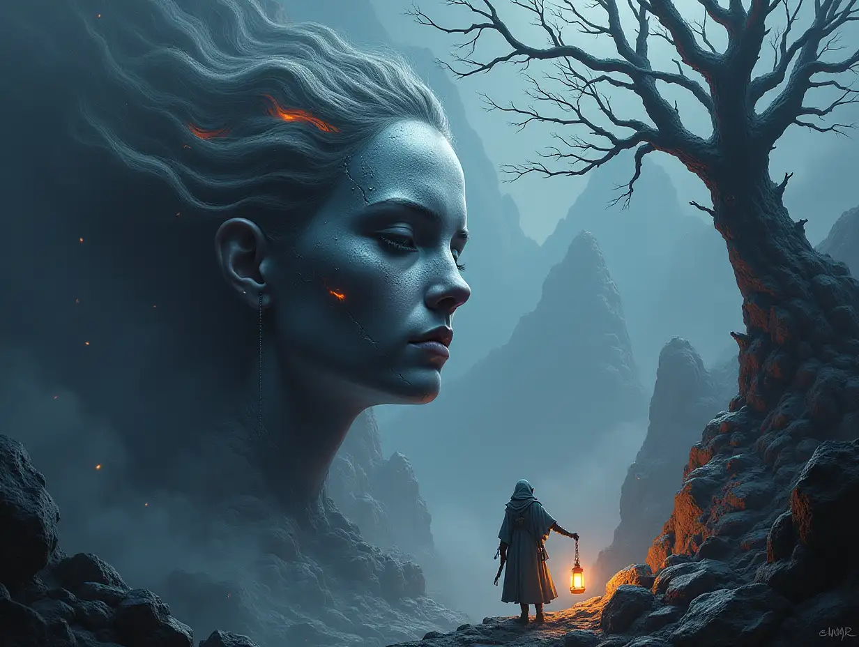 Creating a digital painting face with hair turning into building with silver stone and Illuminated trees with branches large hand and lantern and alien creatures on a mountain