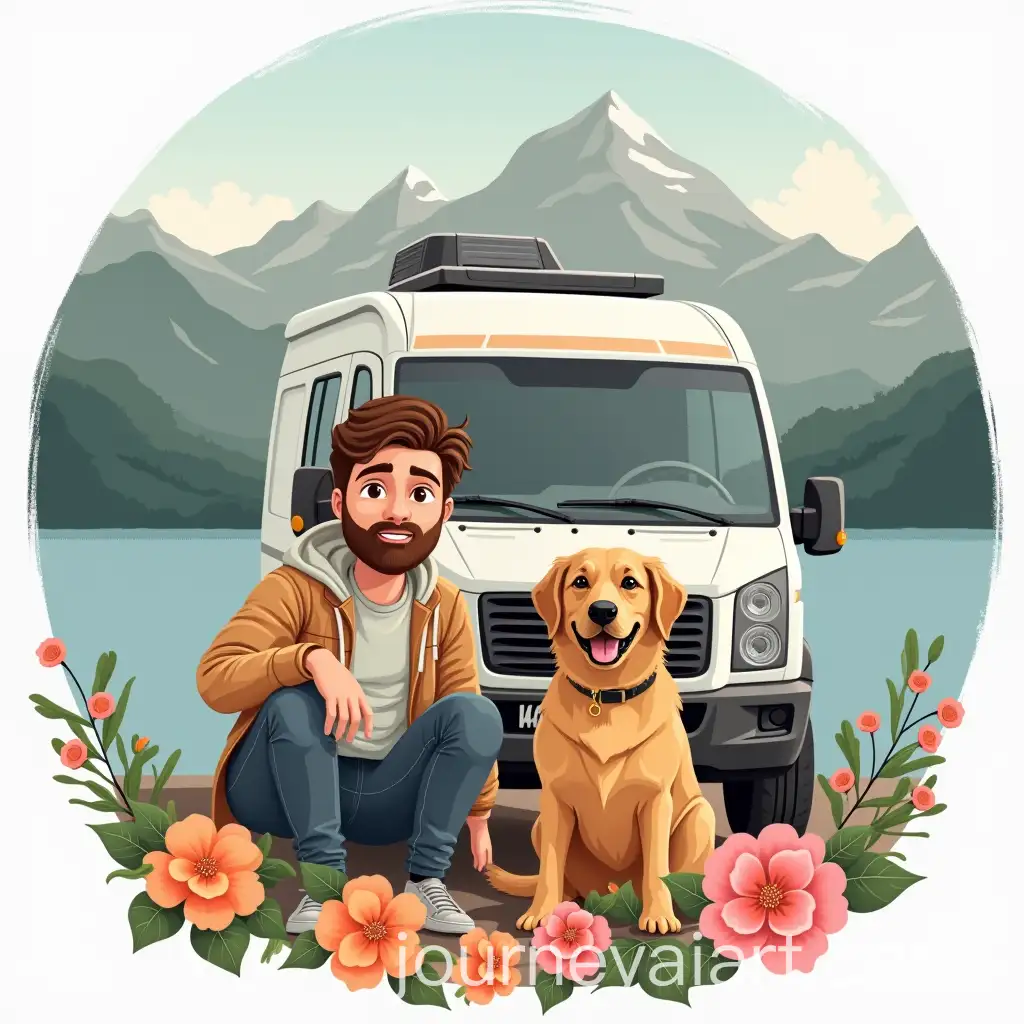 Male-with-Brown-Hair-and-Golden-Retriever-in-Front-of-Fiat-4x4-OffRoad-Camper-Van-by-Mountain-Lake-Pastel-Floral-Logo-Design