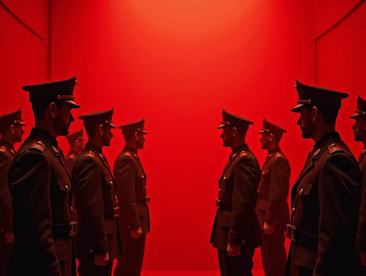 create an image of overseers in military uniform standing over people and listening to them speak. The style should be contrasting, with a lot of red, and resemble an anti-utopia