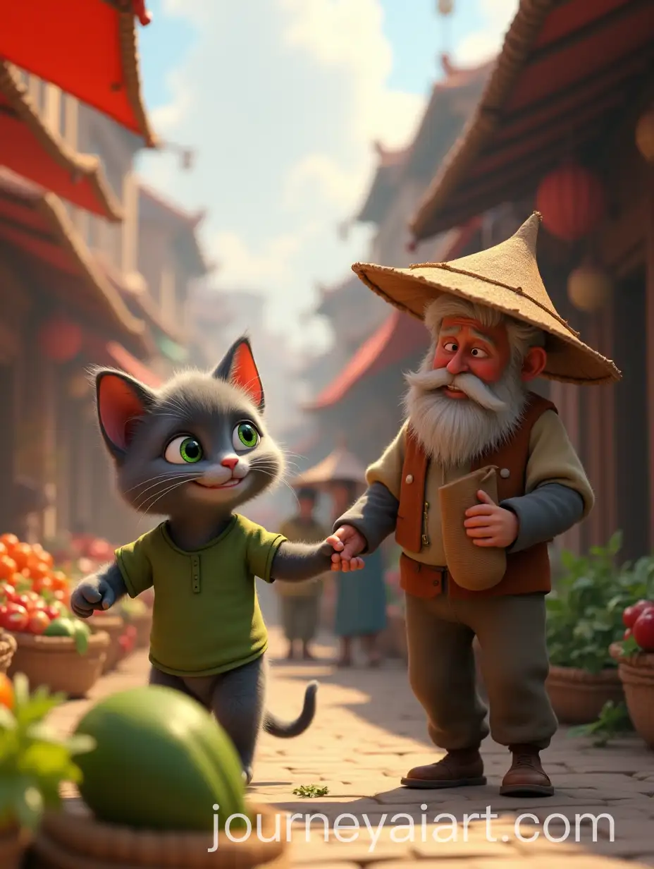 Gray-Kitten-Assisting-Elderly-Man-in-Busy-Market-with-Vegetables