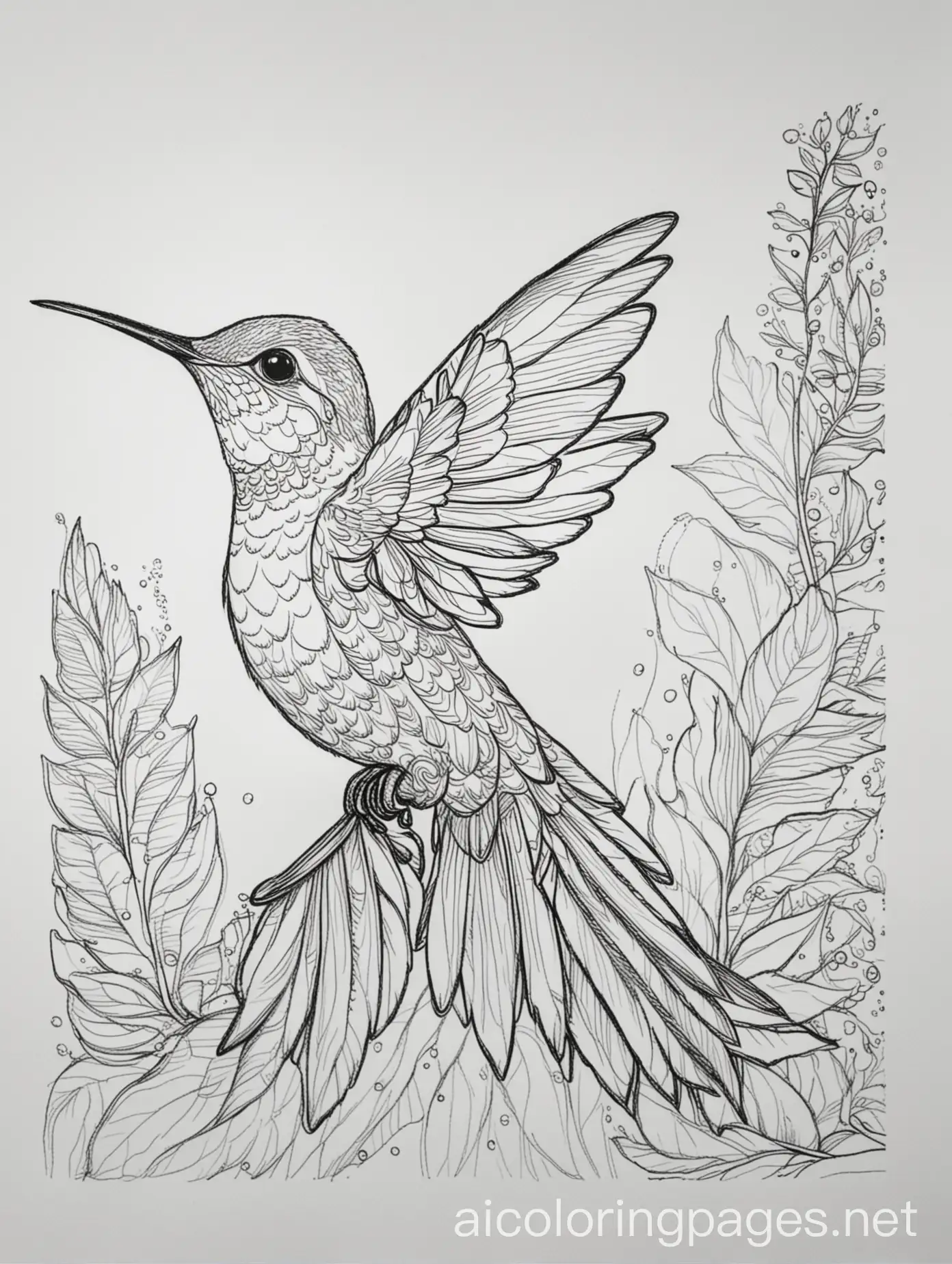 Humming bird, line drawing, black and white, white space, Coloring Page, black and white, line art, white background, Simplicity, Ample White Space. The background of the coloring page is plain white to make it easy for young children to color within the lines. The outlines of all the subjects are easy to distinguish, making it simple for kids to color without too much difficulty, Coloring Page, black and white, line art, white background, Simplicity, Ample White Space. The background of the coloring page is plain white to make it easy for young children to color within the lines. The outlines of all the subjects are easy to distinguish, making it simple for kids to color without too much difficulty