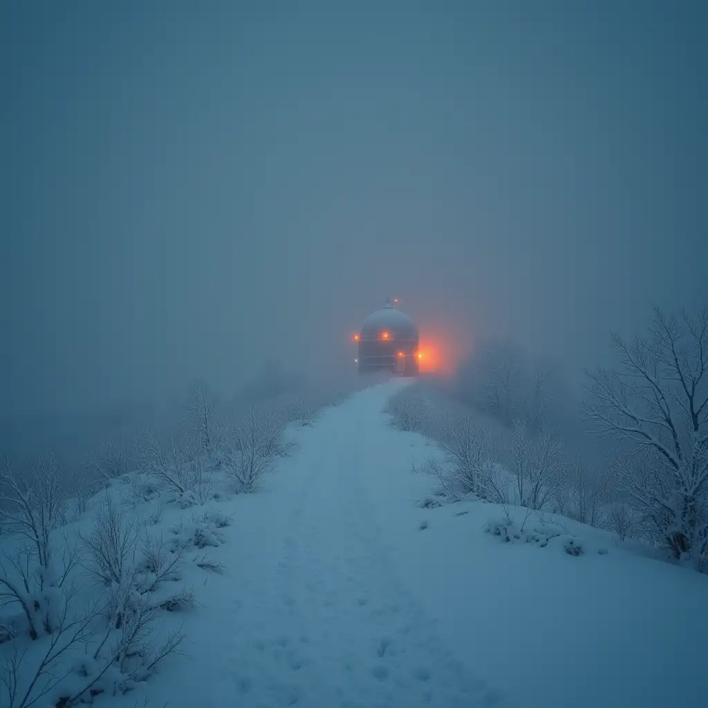 Mysterious-Cryostation-in-a-Snowy-Desert-with-Orange-Fog-at-Night