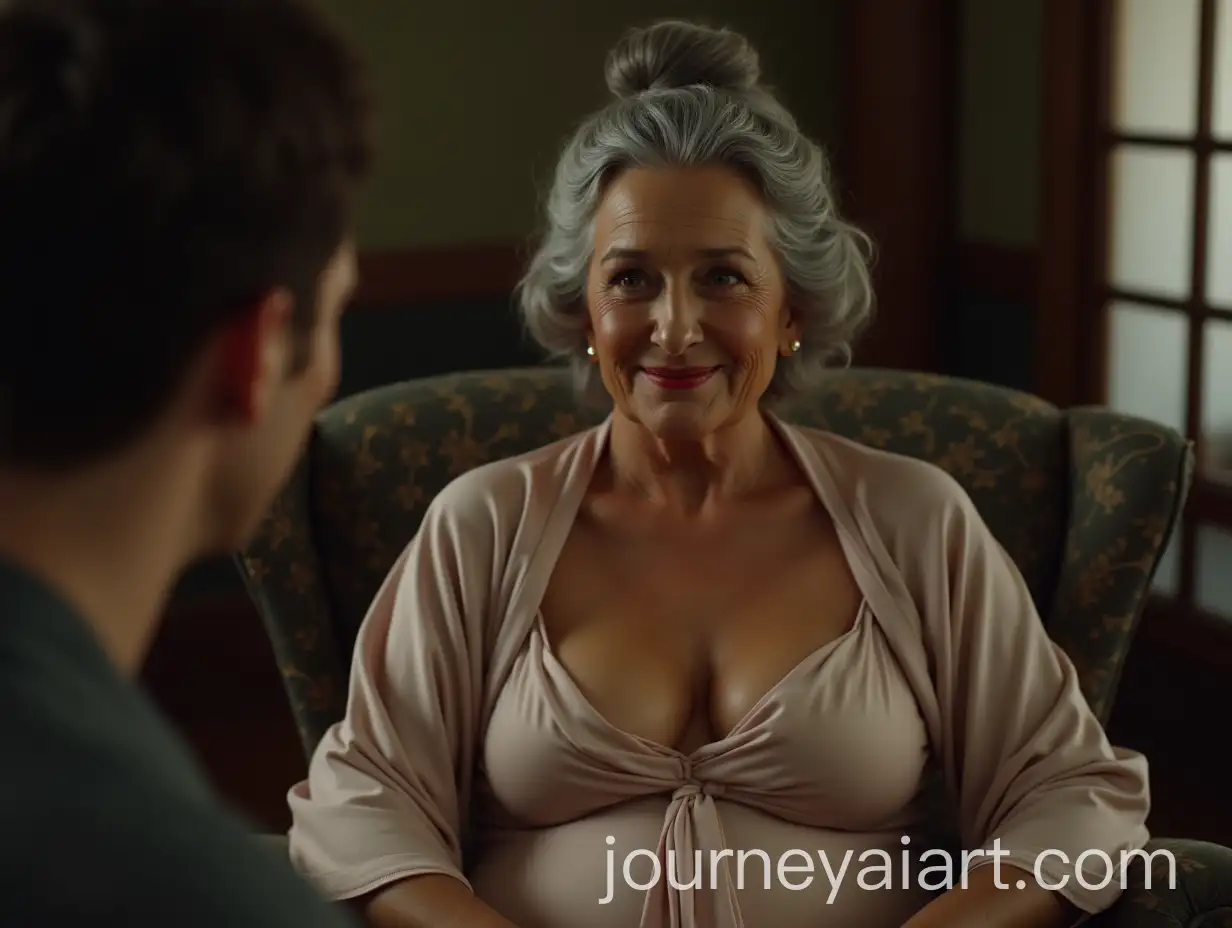 Elegant-80YearOld-Woman-in-Silky-Negligee-and-Kimono-with-Young-Brunette-Man