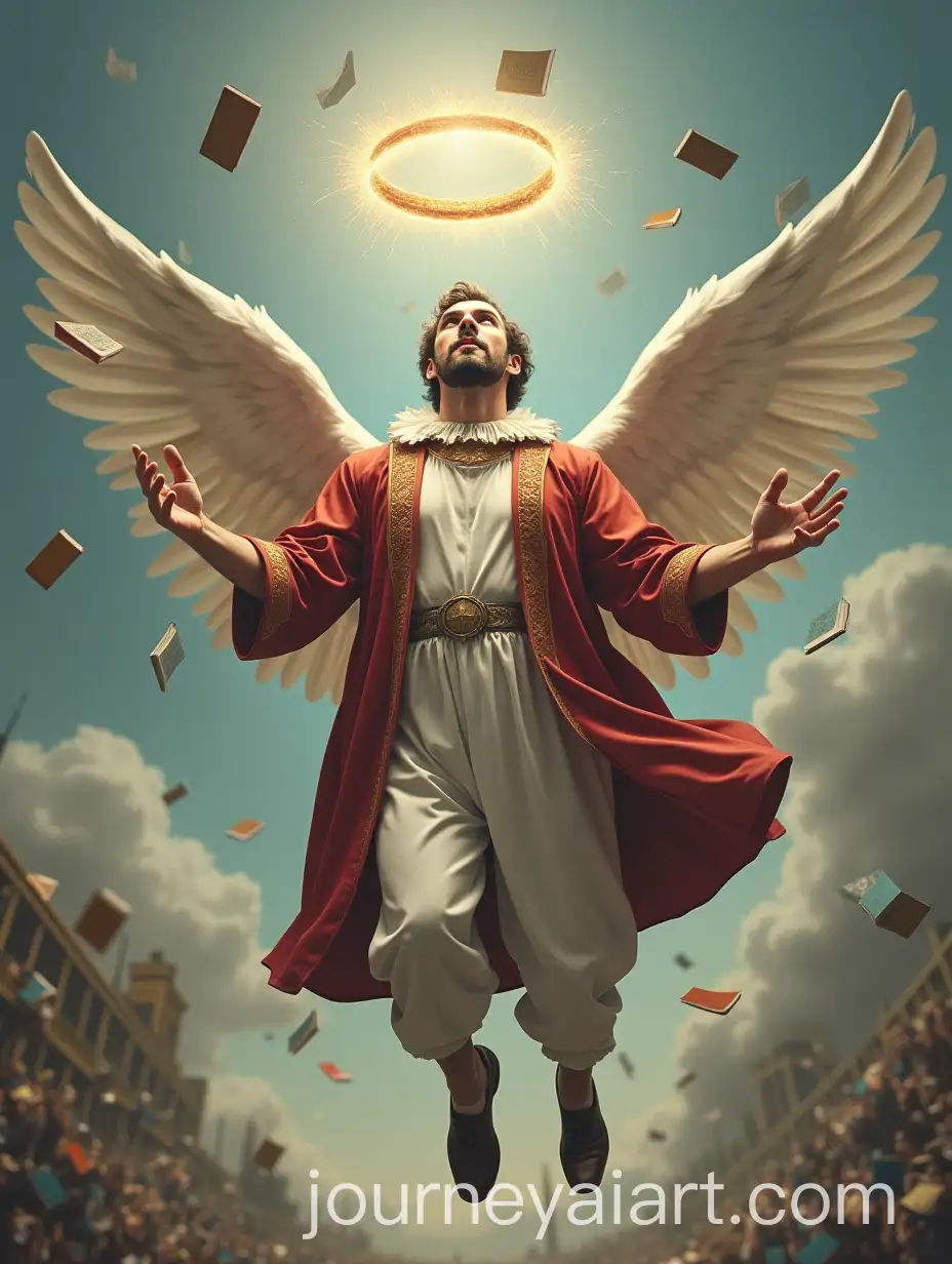Man-in-Angel-Costume-with-Wings-Floating-Above-a-Ring-of-English-Textbooks