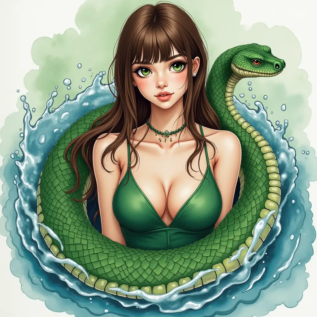 woman with cute green anaconda. chocolate-colored hair below the waist, with bangs. in a green dress. Aquarius woman, exquisite, stunning physique: mesmerizing appearance. ancient runes of Aquarius, expressive green eyes. The water splashes dynamically in a whirlpool, carefully thought out details. Watercolor painting, acrylic painting.