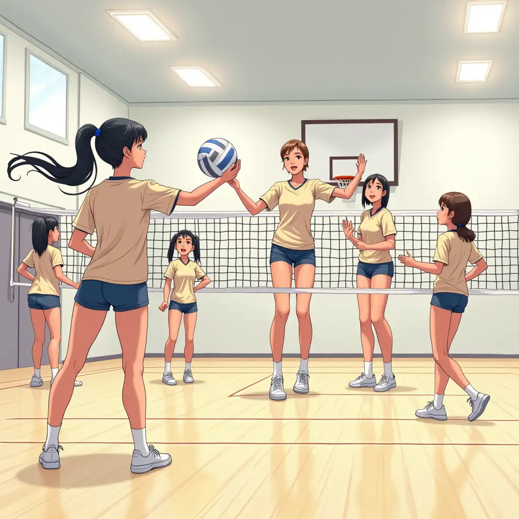 Group of 12 year old girls playing volleyball in gym, manga drawing