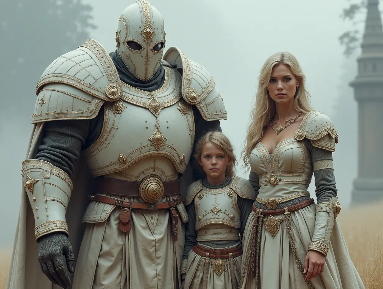 Ki-Fantasy family,Man,Woman, and Children, giant ERDMANNCHEN face and with white armor equipment