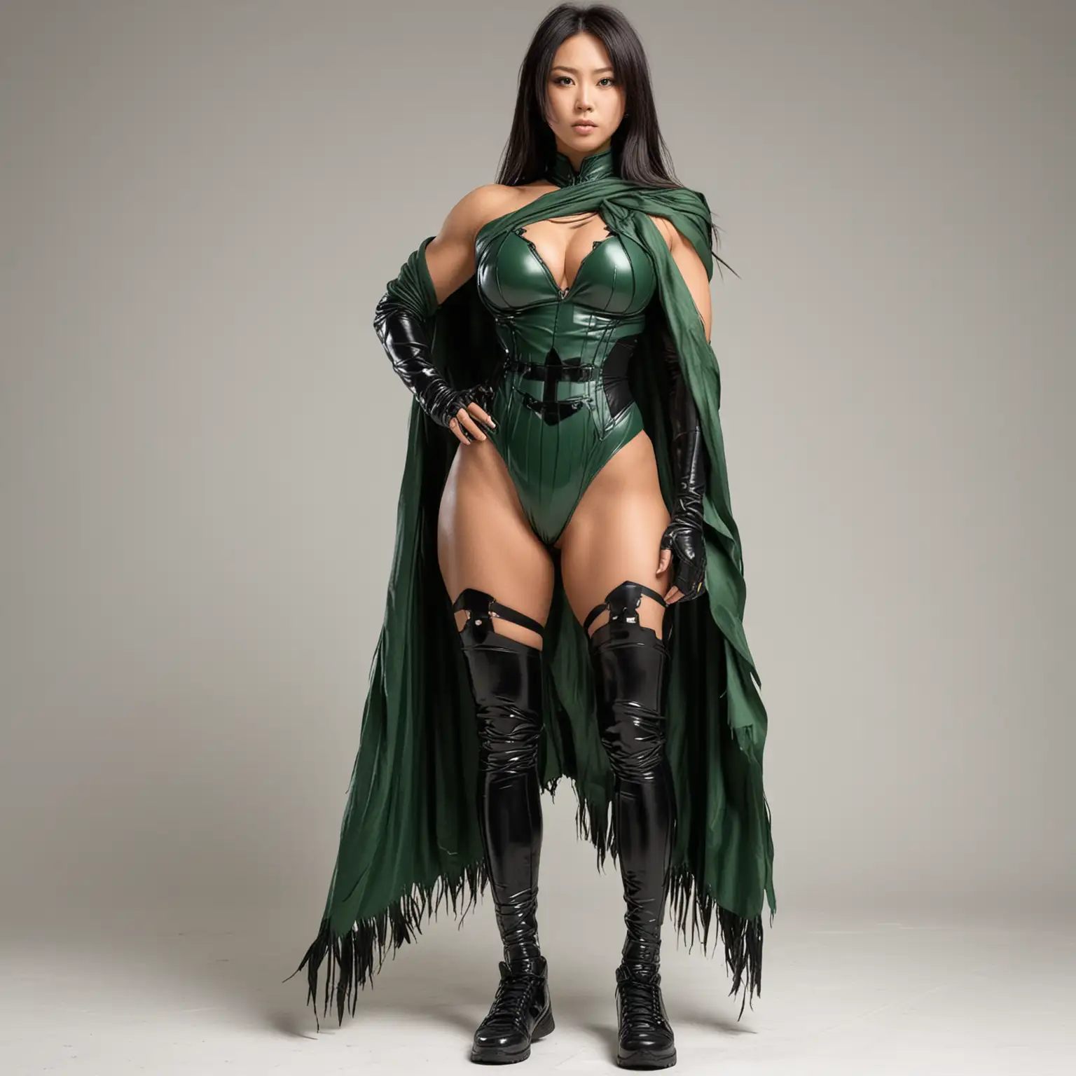 Japanese Woman Bodybuilder in Bodysuit and Green Scarf