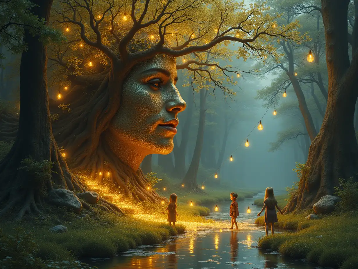 Creating a digital painting of a face with leuctkugelhair, that turns into a building with gold stones and lit trees with golden roots and a river with floating light bulbs and lanterns and strange fairy creatures on a meadow