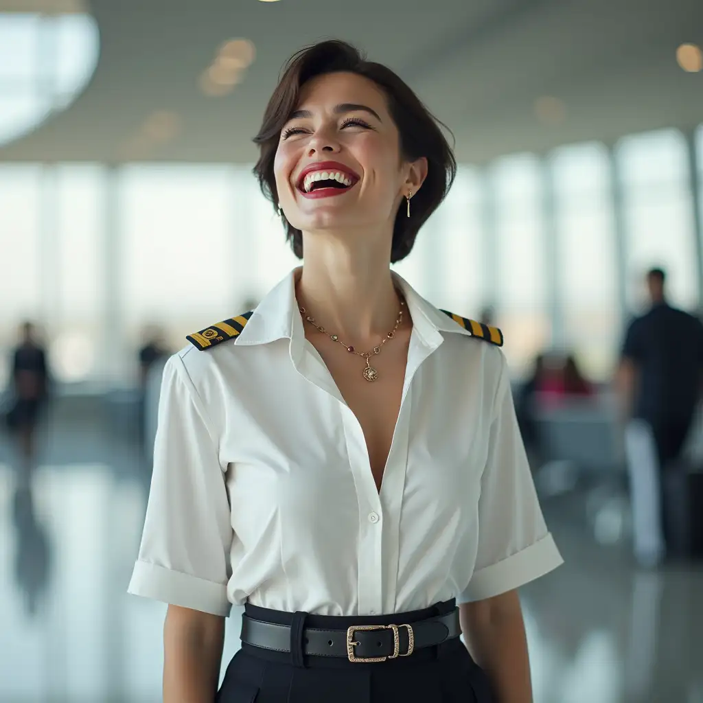 white lady , in white deep-necked pilot button shirt, decolte, laughing with her mouth open, red lipstick accentuating her smile,belt on waist, big wide hips, chest are fully grown, jewerly, short hair, HD, airport, photo-realism