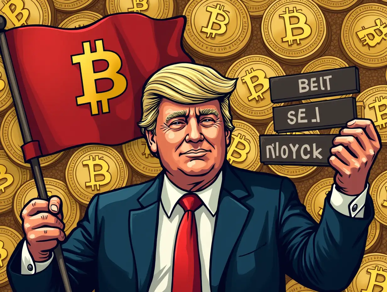 Make me a design, Donald Trump holding a Bitcoin flag and with buy and sell structures, and a background full of bitcoins