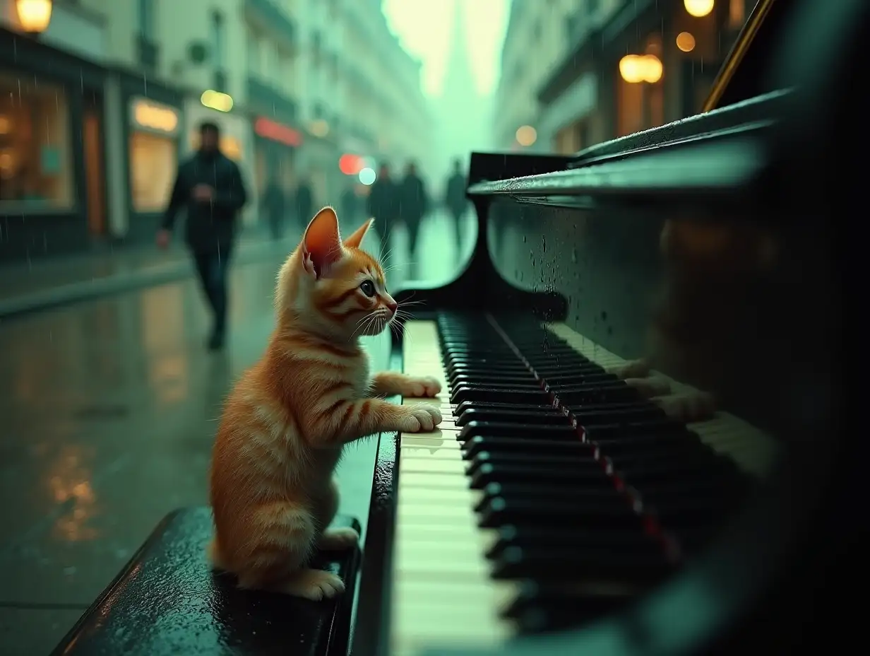 A wet little kitten is playing on the piano in the rain on the street of Paris, photorealism, green colorgrading