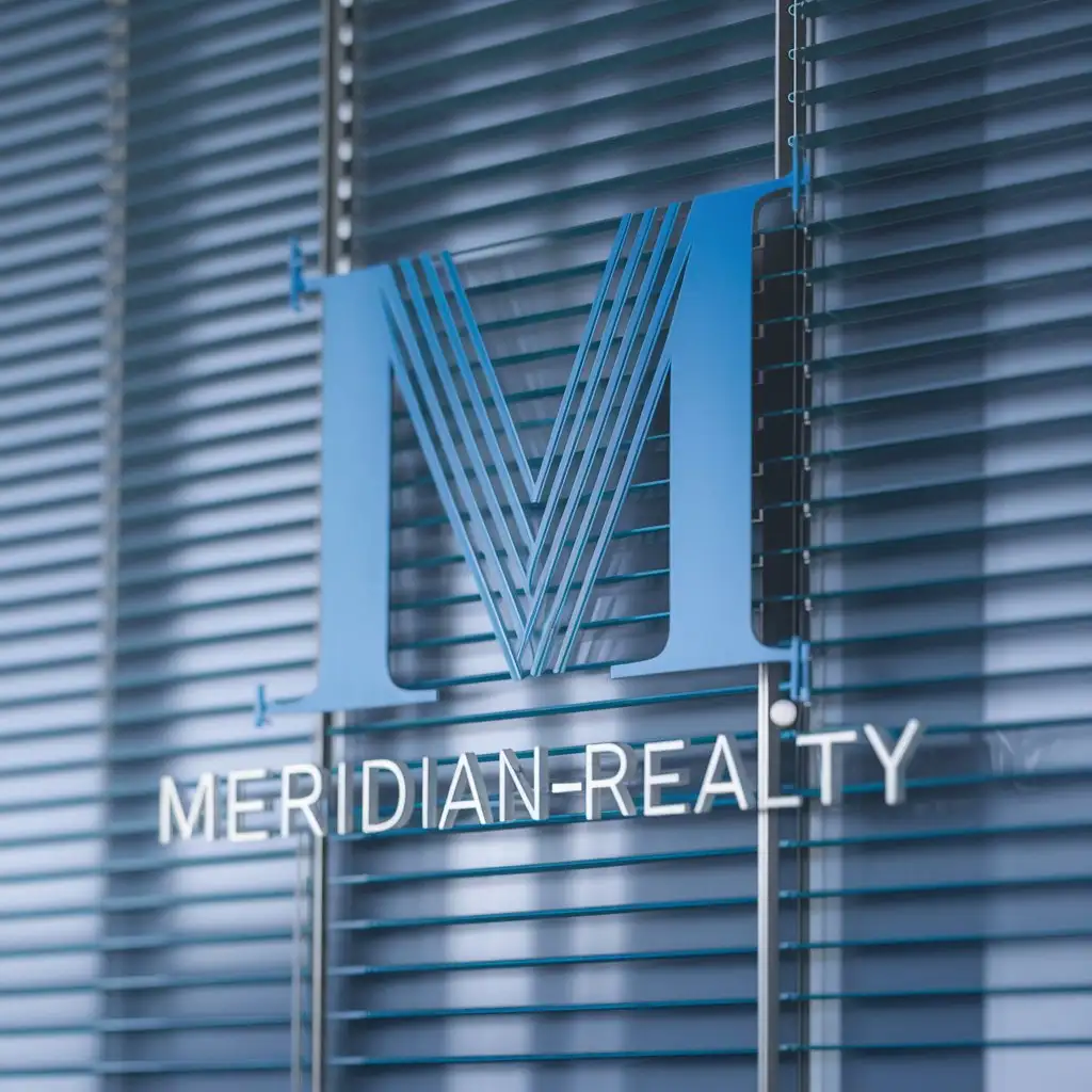 a logo design,with the text "Meridian-Realty", main symbol:A large blue letter M consisting of thin blue stripes like venetian blinds,Moderate,be used in Real Estate industry,clear background