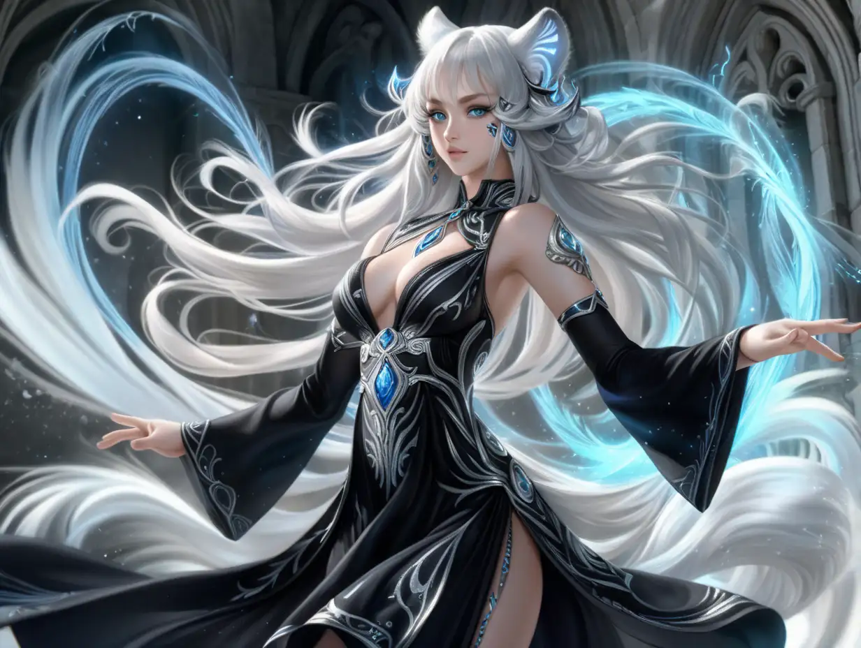 (Masterpiece, Top Quality, Best, Official Art, Beautiful and Aesthetic, Long Exposure: 1.1), Smooth Movement, Charming Patterns, (((black beautiful dress))), ((mage sexy woman)), ((white tiger ears)), white long hair, black freckles, (blue eyes), ((without humans ears)), a slightly smile, ((beautiful face)), dark castle, прекрасные узоры, elemental wind elves, rotation Wind, control the wind, white crystal clothing, dynamic pose, floating particles, ethereal dynamics, whirlwind, vapor, whirlwind in the background, white tone, whirlwind, ethereal atmosphere,