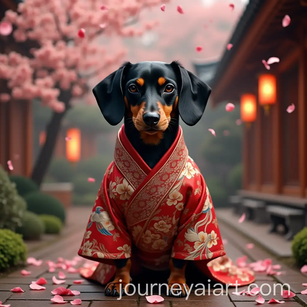 Elegant-Black-Dachshund-in-Silk-Kimono-in-Japanese-Teahouse-Garden
