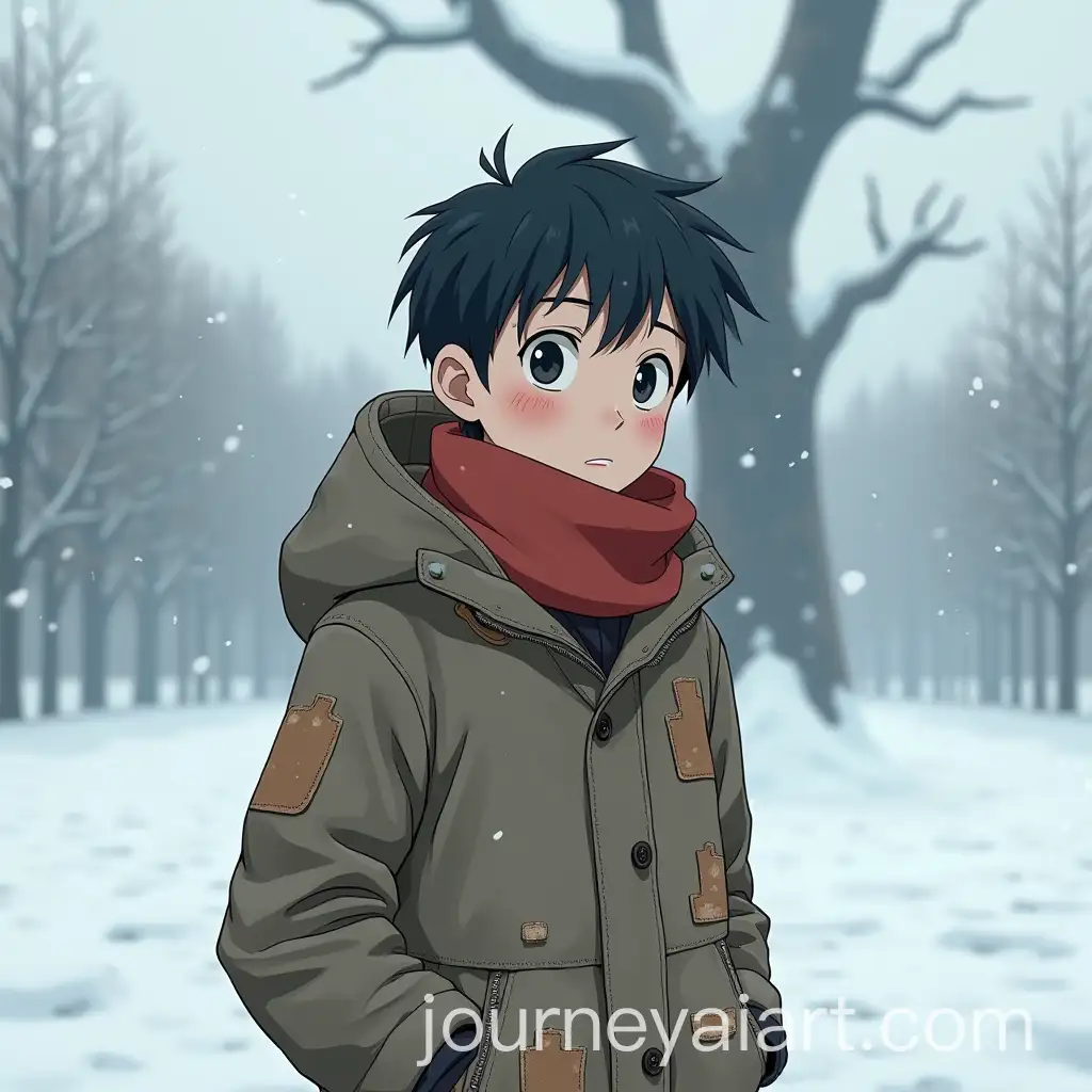 8YearOld-East-Asian-Boy-in-Padded-Coat-with-Snowflakes-in-Frozen-Square