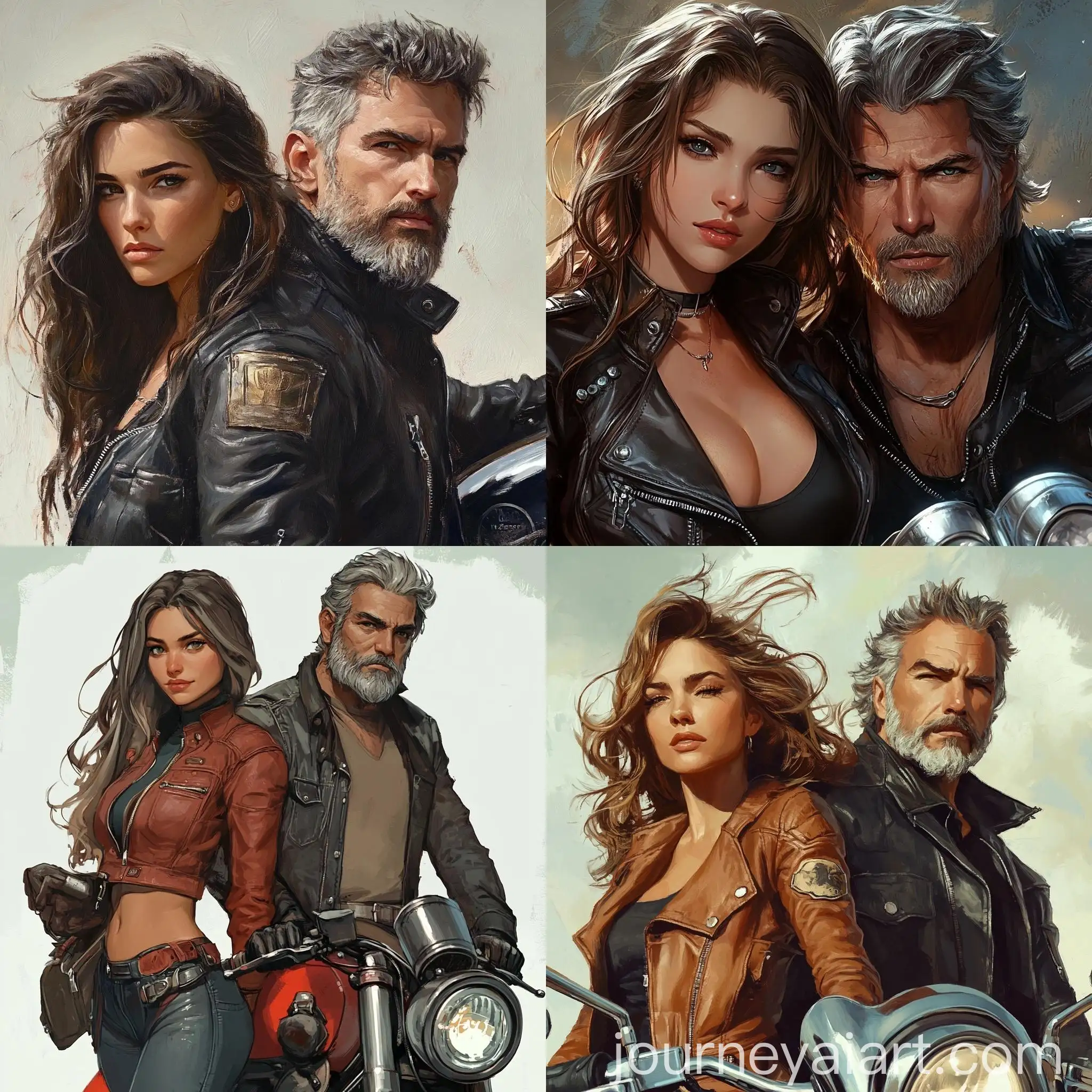 Brown-Haired-Biker-Girl-and-Gray-Haired-Biker-Guy-Riding-Motorcycles