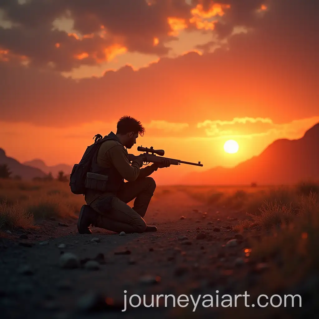 Lone-Fighter-with-Sniper-Rifle-in-PostApocalyptic-Sunset-Scene