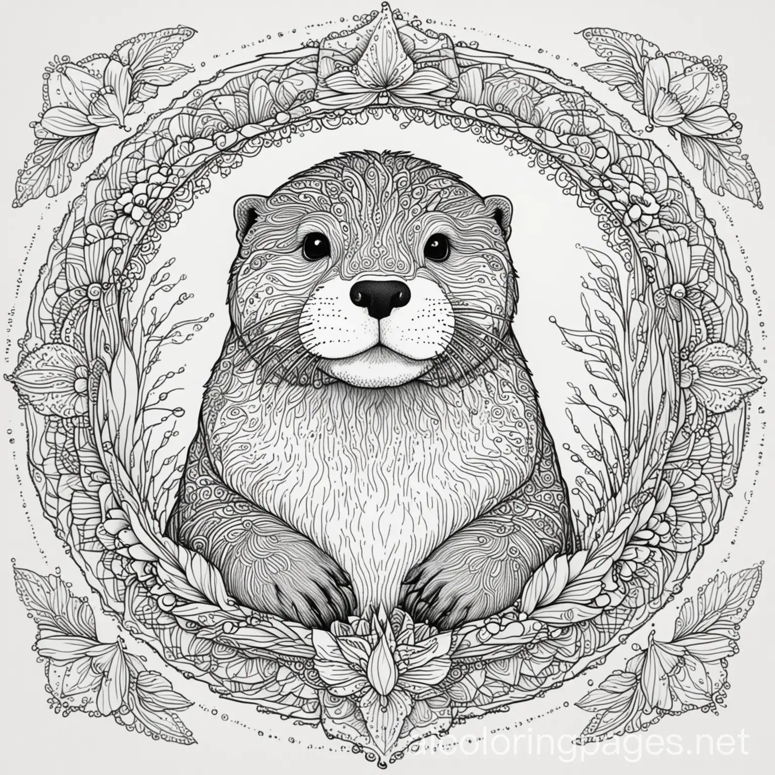 A Otter with vivid pattern inside of it, mandala design, coloring book photo, thick lines, no dots, just outline, Coloring Page, black and white, line art, white background, Simplicity, Ample White Space. The background of the coloring page is plain white to make it easy for young children to color within the lines. The outlines of all the subjects are easy to distinguish, making it simple for kids to color without too much difficulty