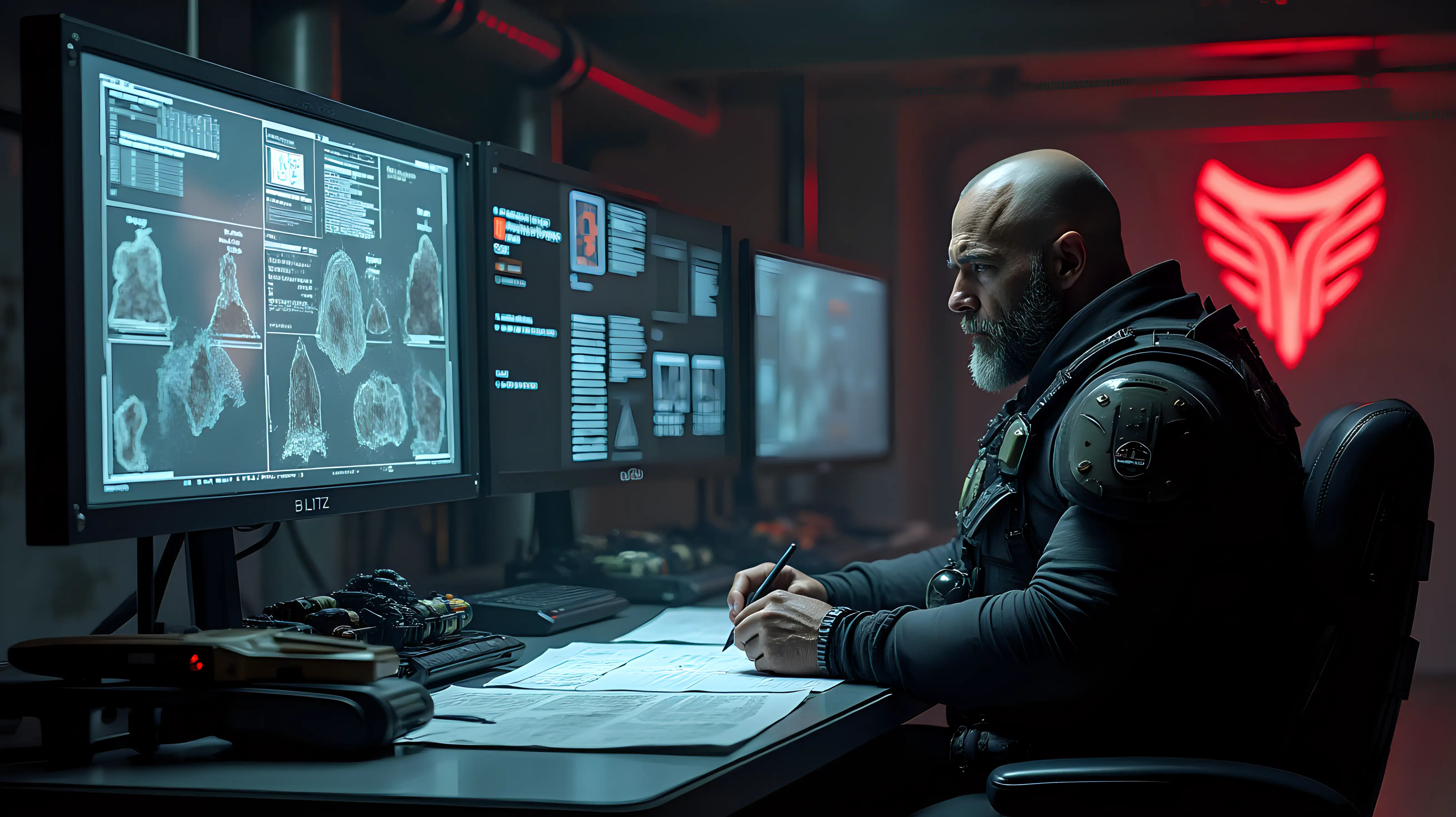 Depict Captain Blitz seated at a utilitarian, high-tech desk in a dimly lit, industrial office within Facility 42, meticulously preparing tactical reports for Wilhelm. Blitz, a muscular and battle-hardened man in his 50s, wears dark, scuffed combat armor with glowing insignias and reinforced plates. His scarred face is illuminated by the faint glow of multiple holographic displays floating above the desk, showing fleet movements, battle formations, and tactical maps. His posture is focused and deliberate, one hand swiping through holographic schematics while the other scribbles notes on a glowing data pad. His rugged features are set with determination, his sharp eyes scanning the information with precision. Around him, neatly arranged weapon components, communication devices, and tactical tools sit on the metallic surface of the desk, emphasizing his dual role as a strategist and a soldier. The room is stark and industrial, with exposed pipes and dim overhead lights casting sharp shadows. Behind him, a large screen displays a live feed of the asteroid field outside Facility 42, its jagged rocks illuminated by faint starlight. A glowing red Faction 42 emblem is prominently displayed on the back wall, subtly reflecting its light onto Blitz’s armor and the surrounding surfaces. The color palette is dominated by metallic grays and blacks, with muted red and blue highlights from the holographic displays and insignias. The atmosphere is intense yet methodical, showcasing Blitz’s dedication as he crafts tactical strategies with the precision of a seasoned warrior and loyal commander.