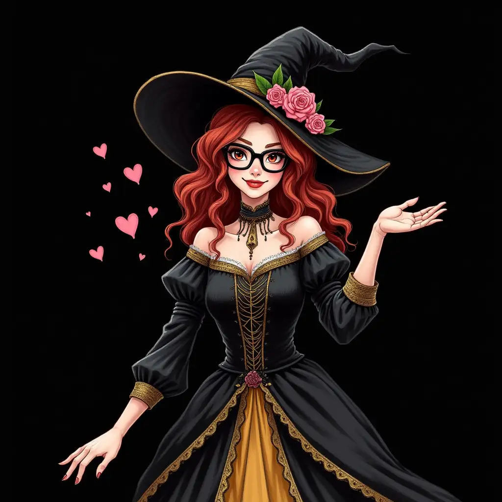 A full-body depiction of a beautiful witch with red hair and black square glasses, set against a black background in a dark fantasy ink drawing style with rough brushstrokes. She wears a black and gold medieval dress with intricate details and a witch's hat adorned with rosebuds. The witch is smiling mysteriously and waving her hand in a welcoming gesture. Around her are small pink hearts floating. The image should be in 4K resolution, with sharp details, rich colors, HDR effects, no blur, and no noise.