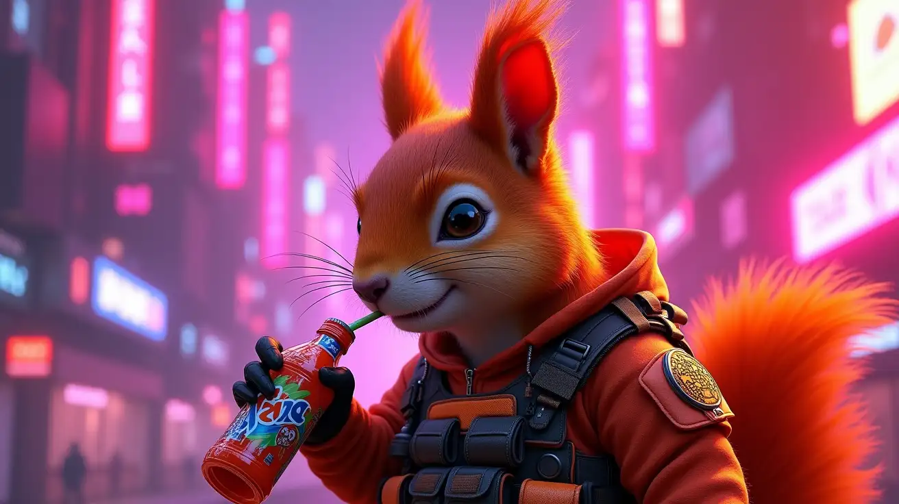 Hyper-realistic red squirrel with intense glowing orange-red fur, wearing detailed military tactical gear in orange camouflage with neon orange highlights, body armor, utility pouches, and a rugged combat look, fierce and confident expression with a sly smirk reminiscent of Pepe memes but serious and tough, drinking from a bottle of Tang through a straw, holding the bottle with gloved paw, set in a futuristic neon cityscape in shades of purple and pink, representing Pulsechain, towering skyscrapers glowing with neon lights, 1980s synthwave aesthetic, cinematic lighting, highly detailed textures, sharp focus, gritty atmosphere