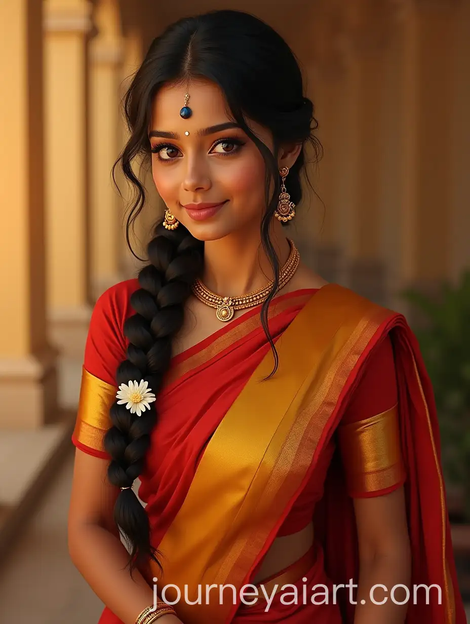 Indian-Girl-in-Traditional-Saree-with-Sunset-at-Temple-Floral-Braid-and-Gold-Bangles