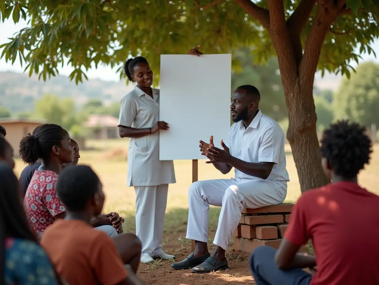 Black-Nurse-Teaching-Rural-Community-with-Poster-in-Outdoor-Setting