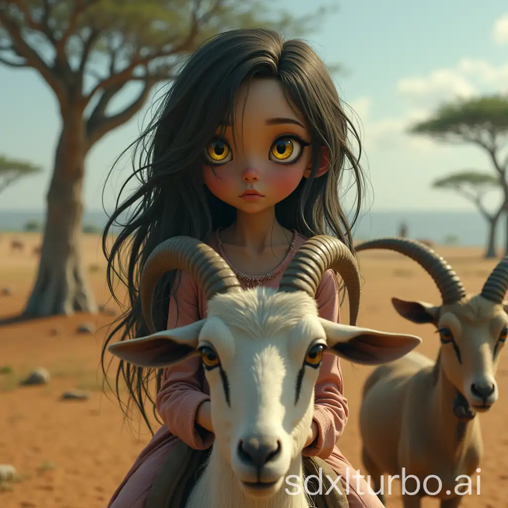 Hyperrealistic-Young-Woman-with-Yellow-Eyes-Riding-a-Surreal-Goat-Under-African-Trees