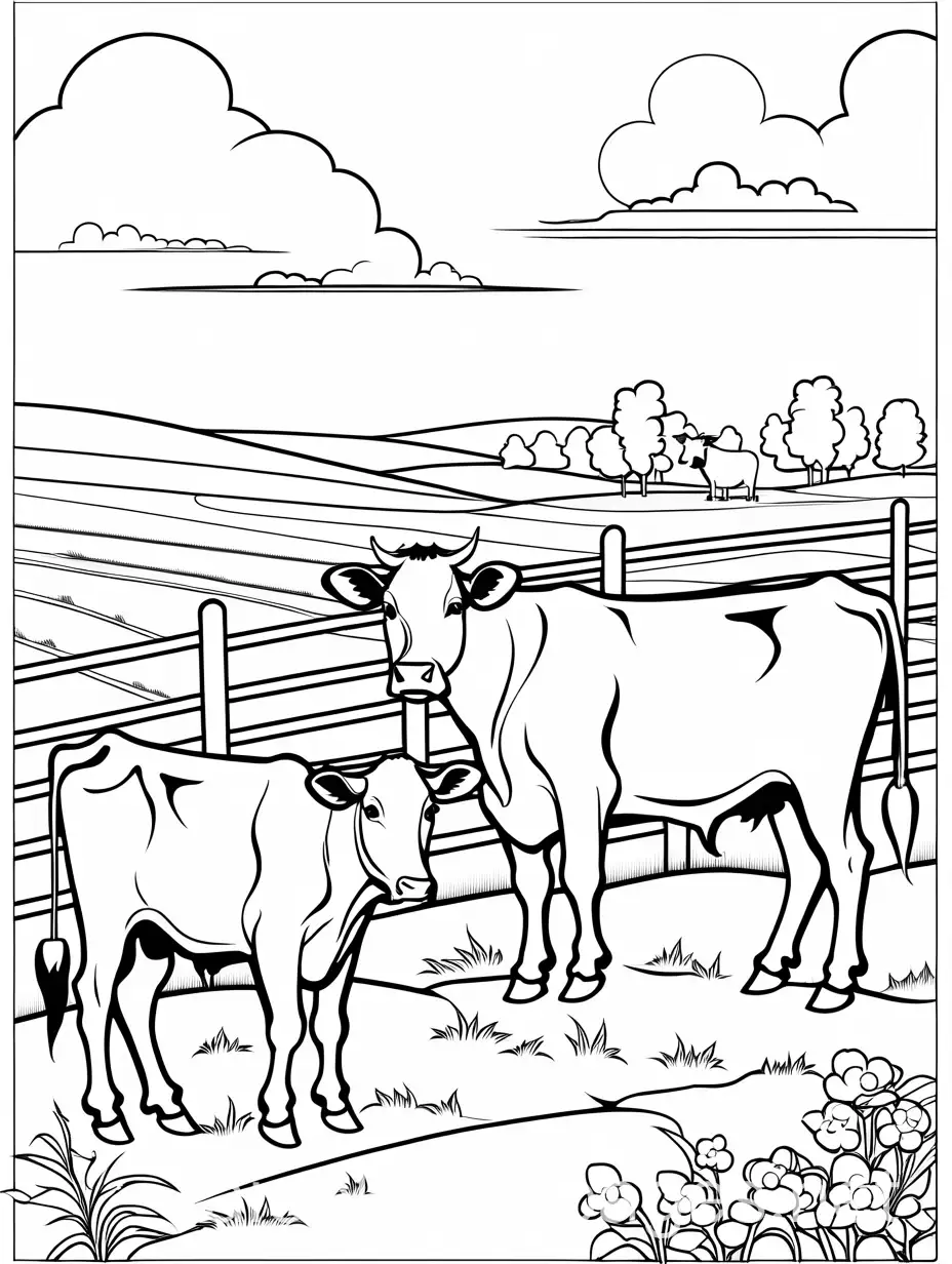 create me an image of cows on a farm and playing about, Coloring Page, black and white, line art, white background, Simplicity, Ample White Space. The background of the coloring page is plain white to make it easy for young children to color within the lines. The outlines of all the subjects are easy to distinguish, making it simple for kids to color without too much difficulty