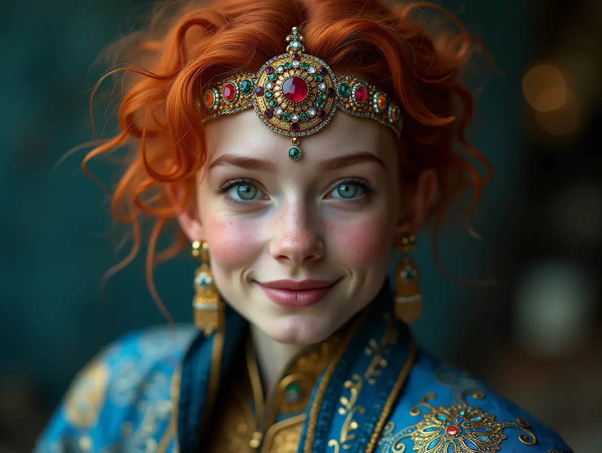 Young man in blue and gold pattern. Older fish with alien face, with red hair, with a slight smile on his face, accentuating her smile, modern retro jewelry, in a temple many diamonds of various shades 4k