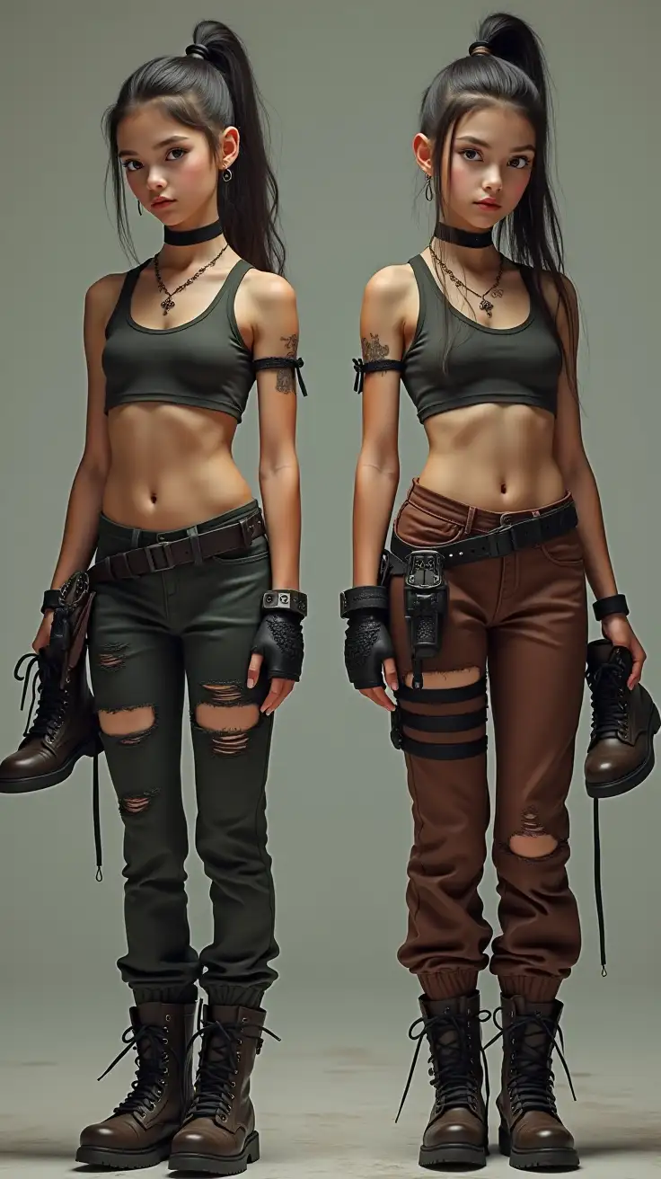 Two-13YearOld-Warrior-Girls-in-PostApocalyptic-Outfits-Holding-Combat-Shoes