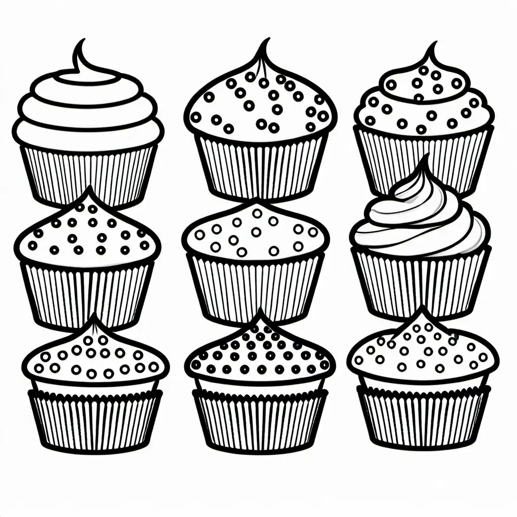 10 Muffins all with Different Toppings, Coloring Page, black and white, line art, white background, Simplicity, Ample White Space. The background of the coloring page is plain white to make it easy for young children to color within the lines. The outlines of all the subjects are easy to distinguish, making it simple for kids to color without too much difficulty