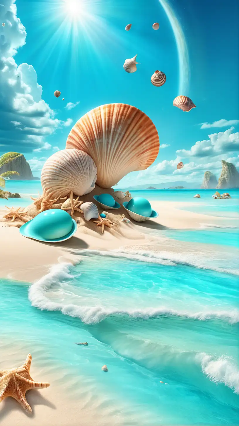 Surreal Beachscape with Turquoise Waters and Giant Shells