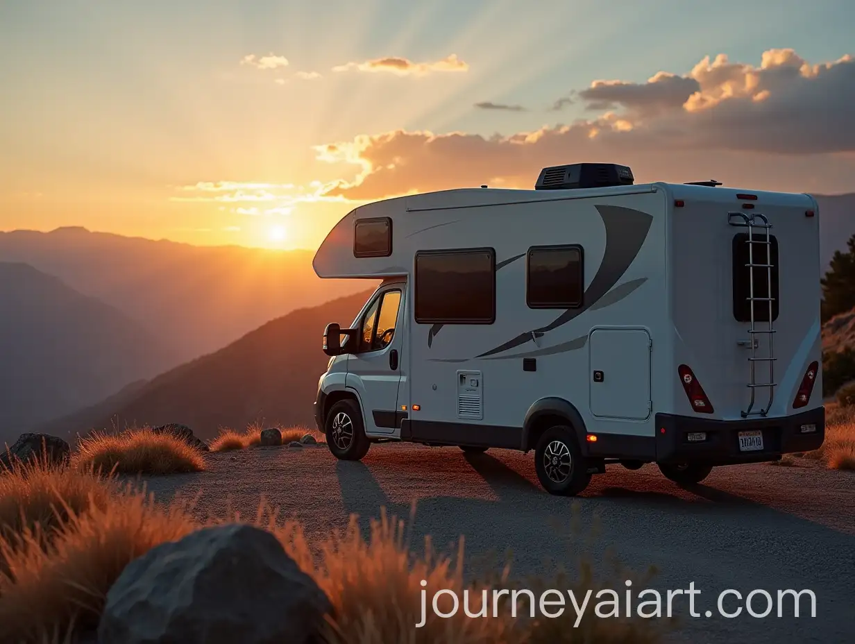 Modern-RV-Parked-at-Mountain-Campsite-with-Golden-Sunset