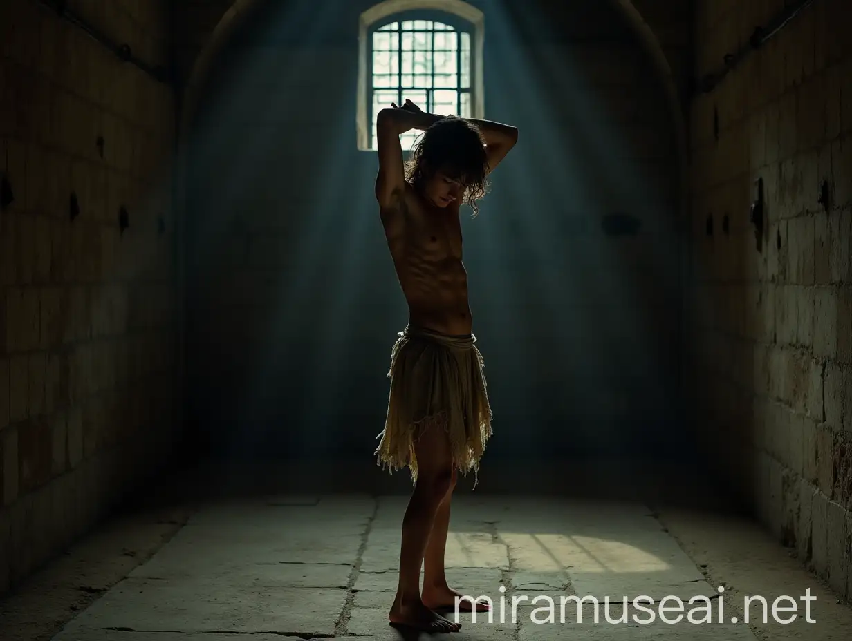 A low angle, full body shot of an extremely lean, handsome young man, about 18 years old, standing barefoot on his toes on a cold, dirty stone floor in a dimly lit, wide ancient vault. His body is positioned to the left, showing his right side, his head bowed humbly, gazing at the floor, his long, tousled hair unkempt. His slender, delicate frame glistens with sweat. He wears a ragged, torn and ripped loincloth, thin with age, barely covering his dirty body. His expression is desperate, begging and fearful, accentuating his vulnerability. He stretches his arms out, above his head, as much as possible crossing his wrists high up in the air. His lean body maximally stretched out. The damp prison walls, thick with dust, dirt, and cobwebs, heighten the oppressive atmosphere. Faint light filters through a small grated window, casting dramatic shadows across the scene. The dramatic interplay of light and shadow focuses on extreme realism, capturing the suffering of the young man and the harshness of his environment, with vivid colors and meticulous attention to every agonizing detail. Shot with a Nikon Z7 II, 50mm f/1.4 lens, shallow depth of field.