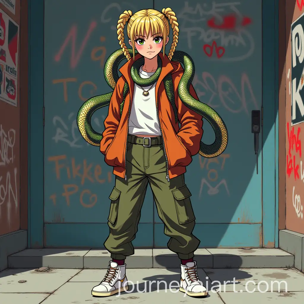 Confident-Girl-with-SnakeInspired-Fashion-in-Urban-Graffiti-Setting