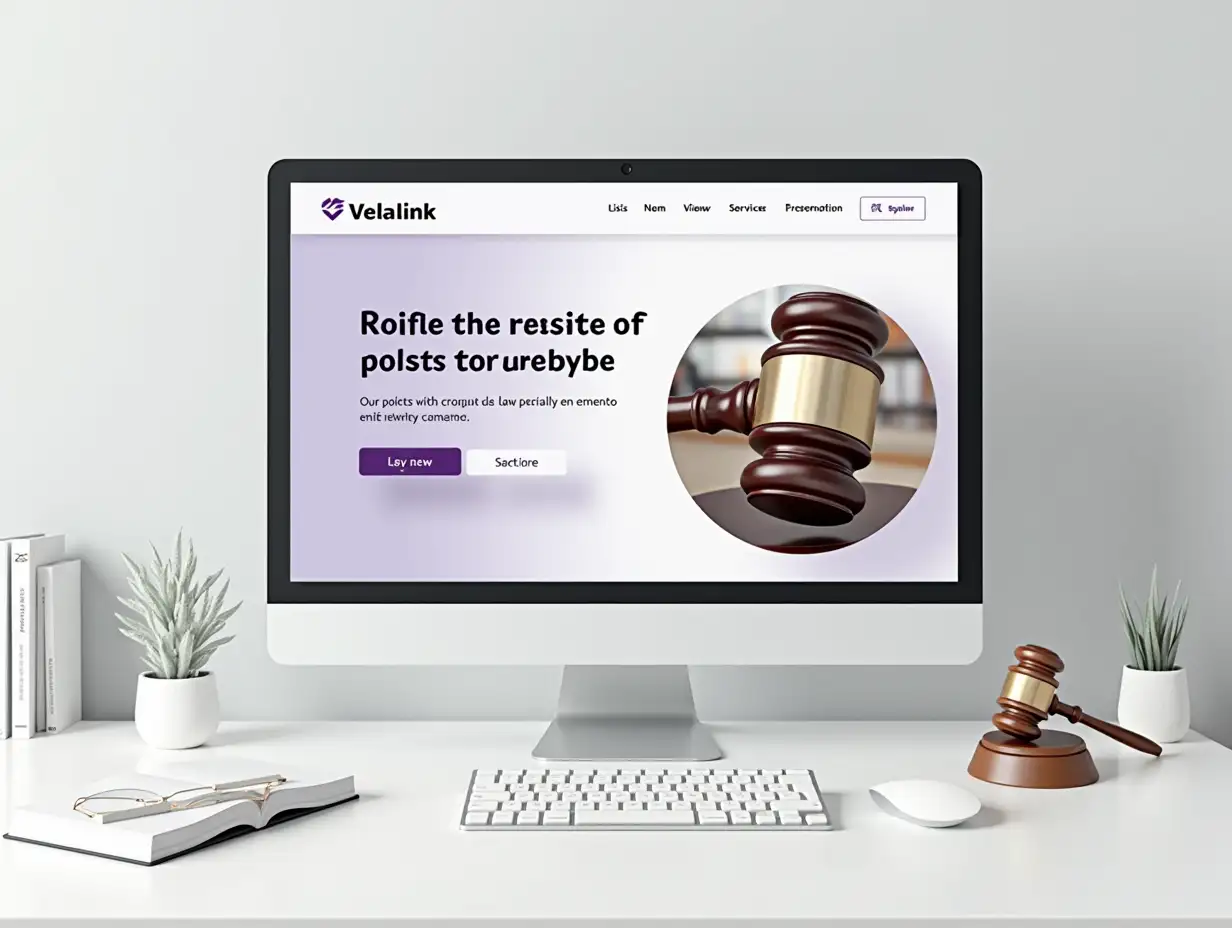 A clean, modern workspace showing a computer screen displaying a lawyer’s website being edited with drag-and-drop builder (Elementor style). A gavel, legal books, and a small Vekalink logo placed on the desk. Light theme, white and soft gray colors with a hint of purple.