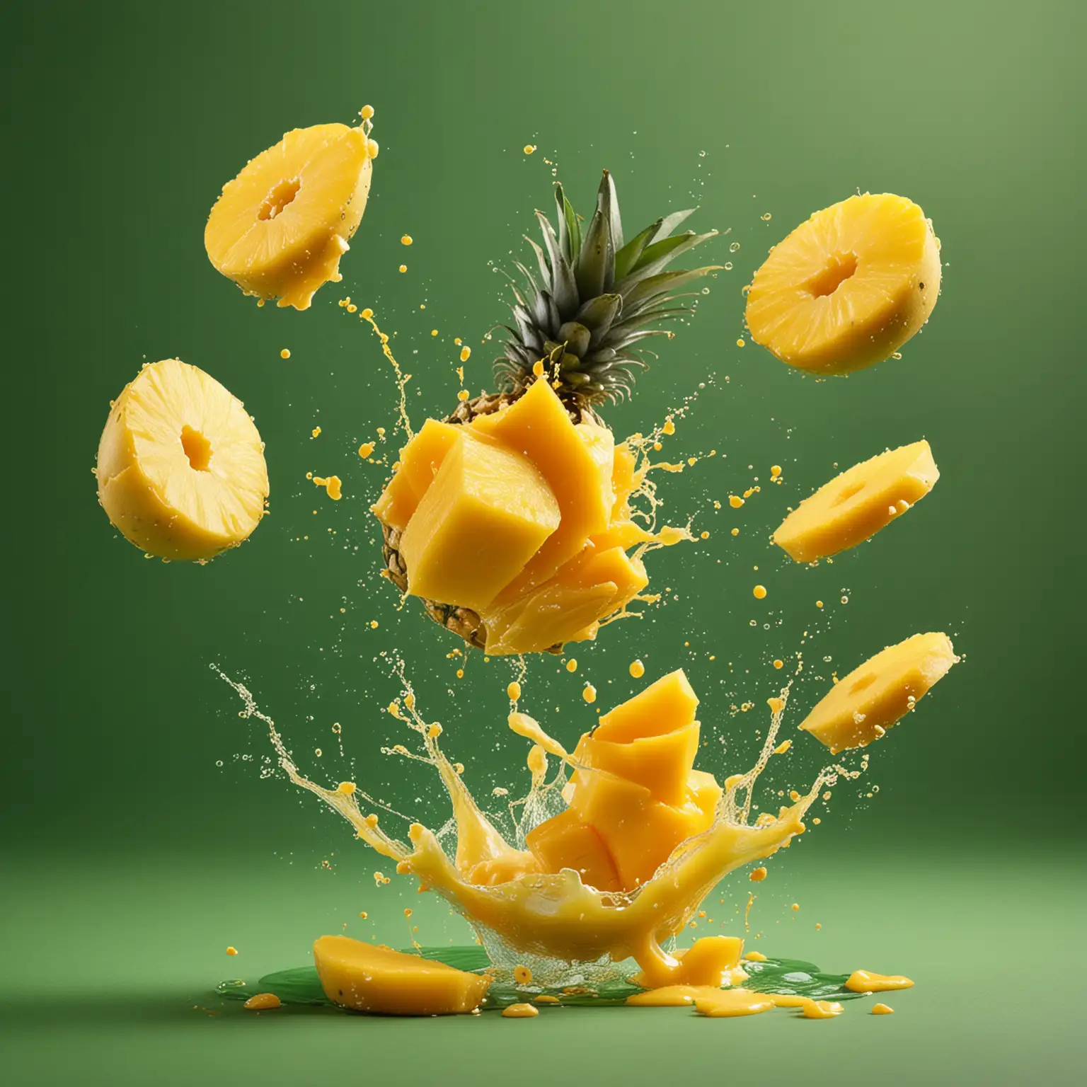 Flying-Mango-Chunks-and-Pineapple-Slices-with-Splash-Effect-on-Green-Background