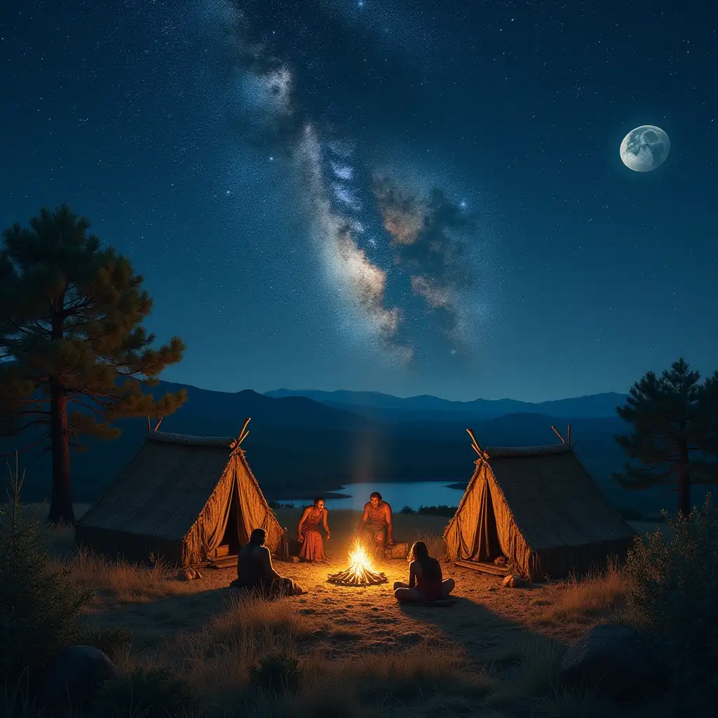 A group of people camping during the Neogene period, under a sky filled with stars and a brilliant Milky Way stretching across the horizon. The moon illuminates the scene, casting soft light over vast prairies and dense forests. The campers, wearing primitive clothing, sit around a glowing fire, surrounded by simple shelters made of natural materials. The landscape features ancient plants and the occasional sight of early mammals in the background, contributing to the prehistoric atmosphere. The entire scene is peaceful and quiet, with the celestial sky contrasting beautifully against the wild nature below