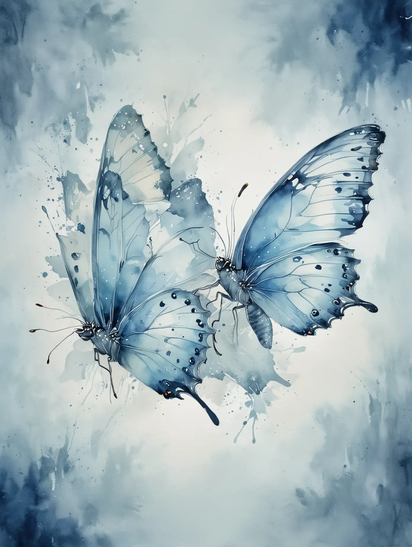 Two Beautiful Large Butterflies in Light Blue Watercolor