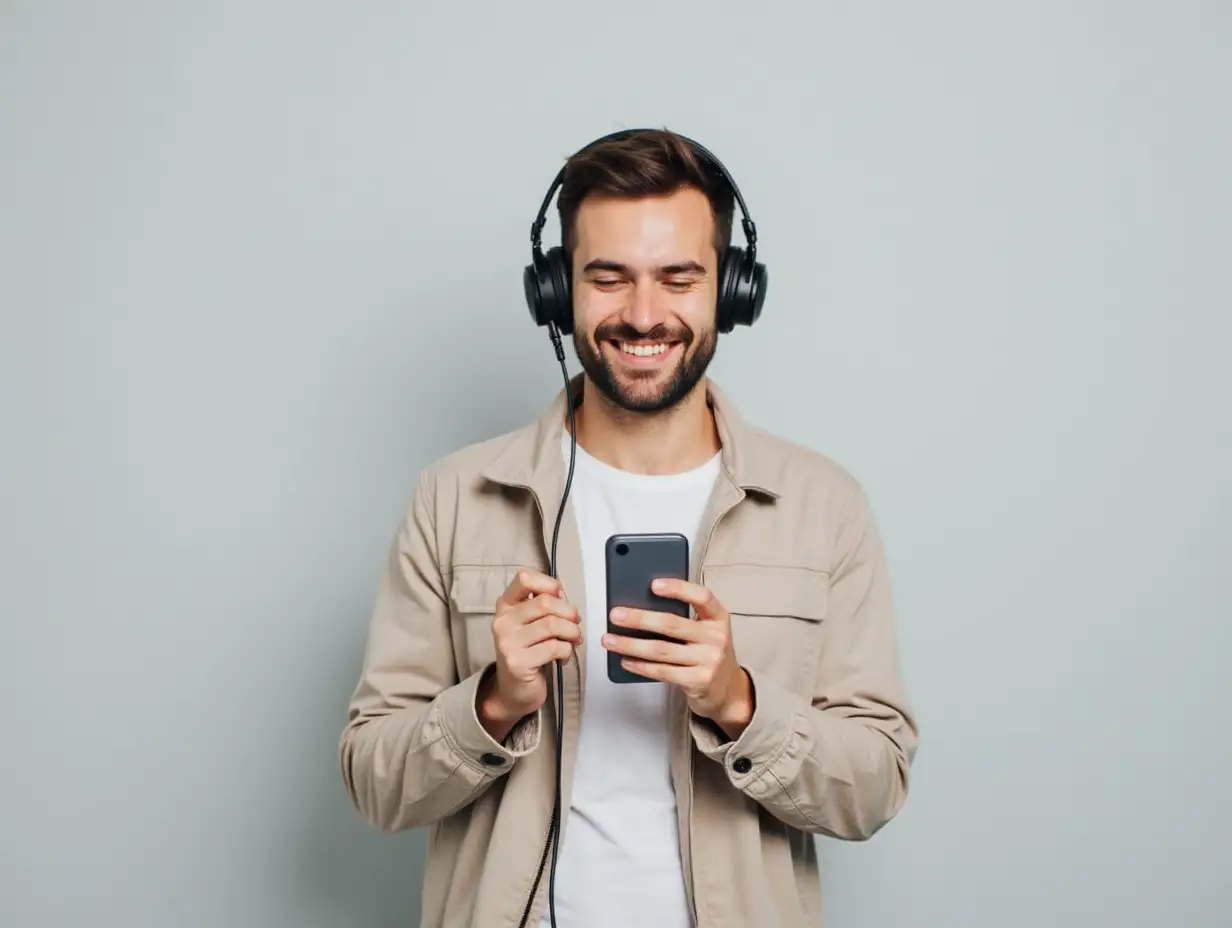 Young man recording voice message via smartphone on light gray background, space for text