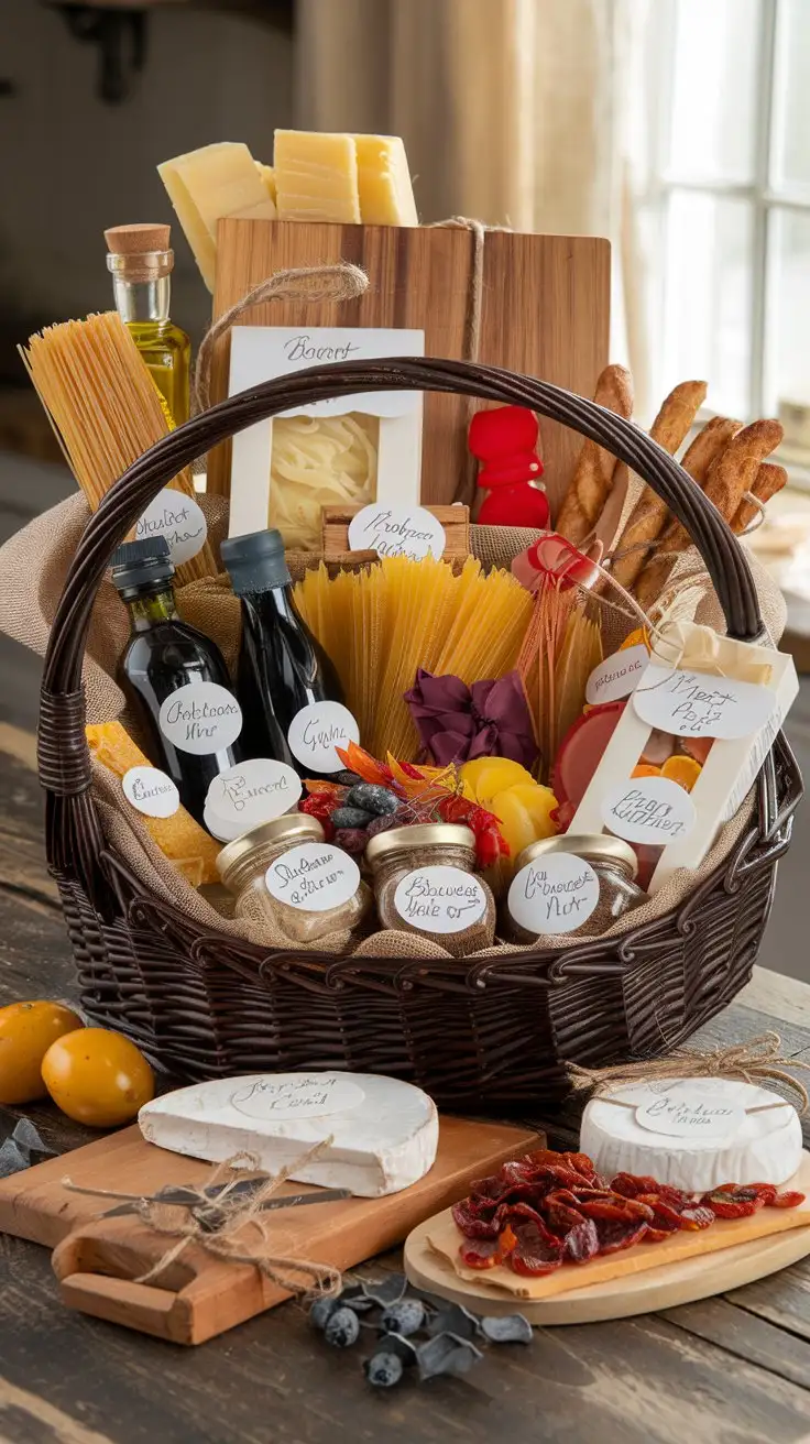 Gourmet-Food-Basket-with-Artisanal-Ingredients-on-Rustic-Kitchen-Table