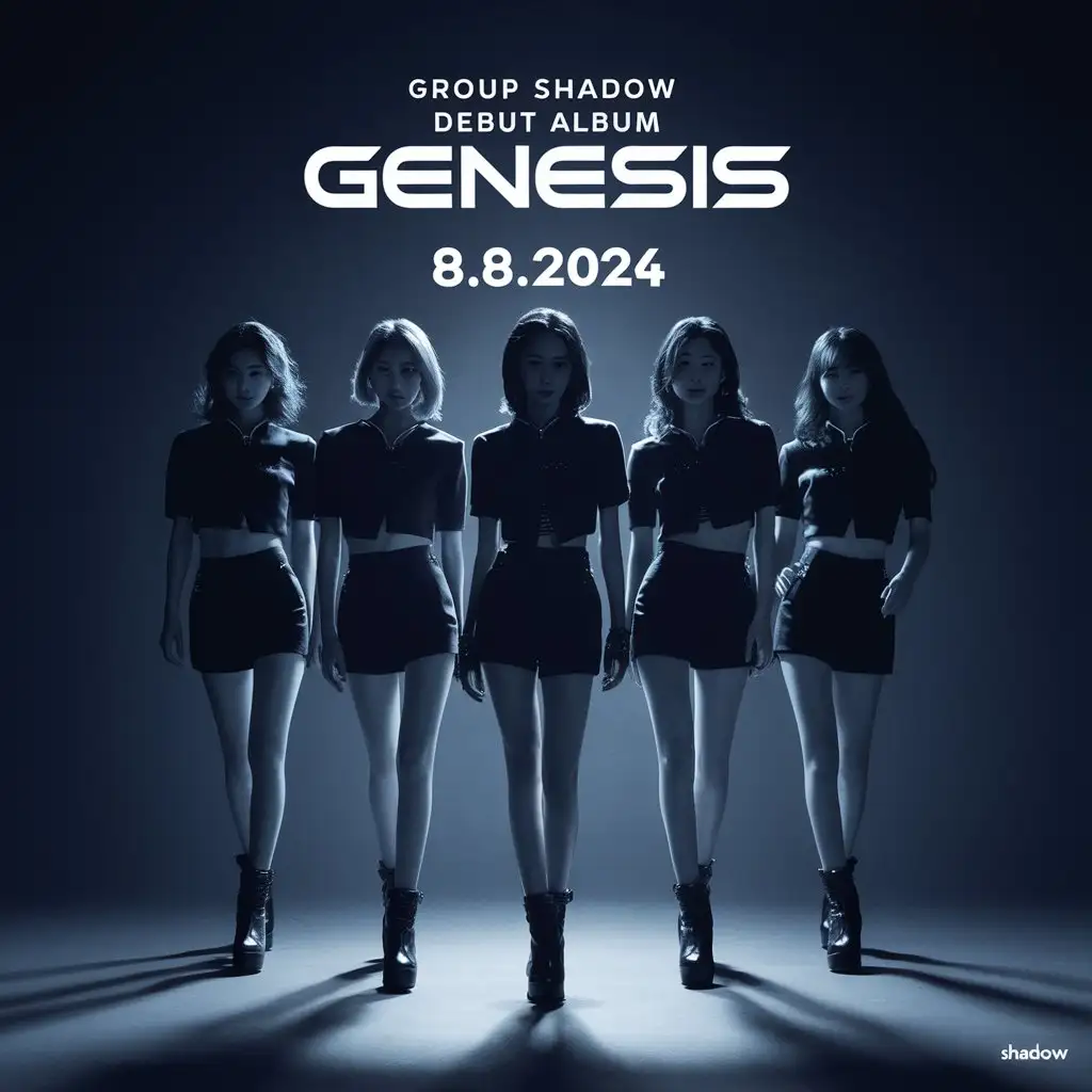 Силуэты пяти девушек на черно голубом фоне, с надписями GROUP SHADOW DEBUT ALBUM GENESIS, release date: 8.8.2024, кореянки, в коротких платьях 

