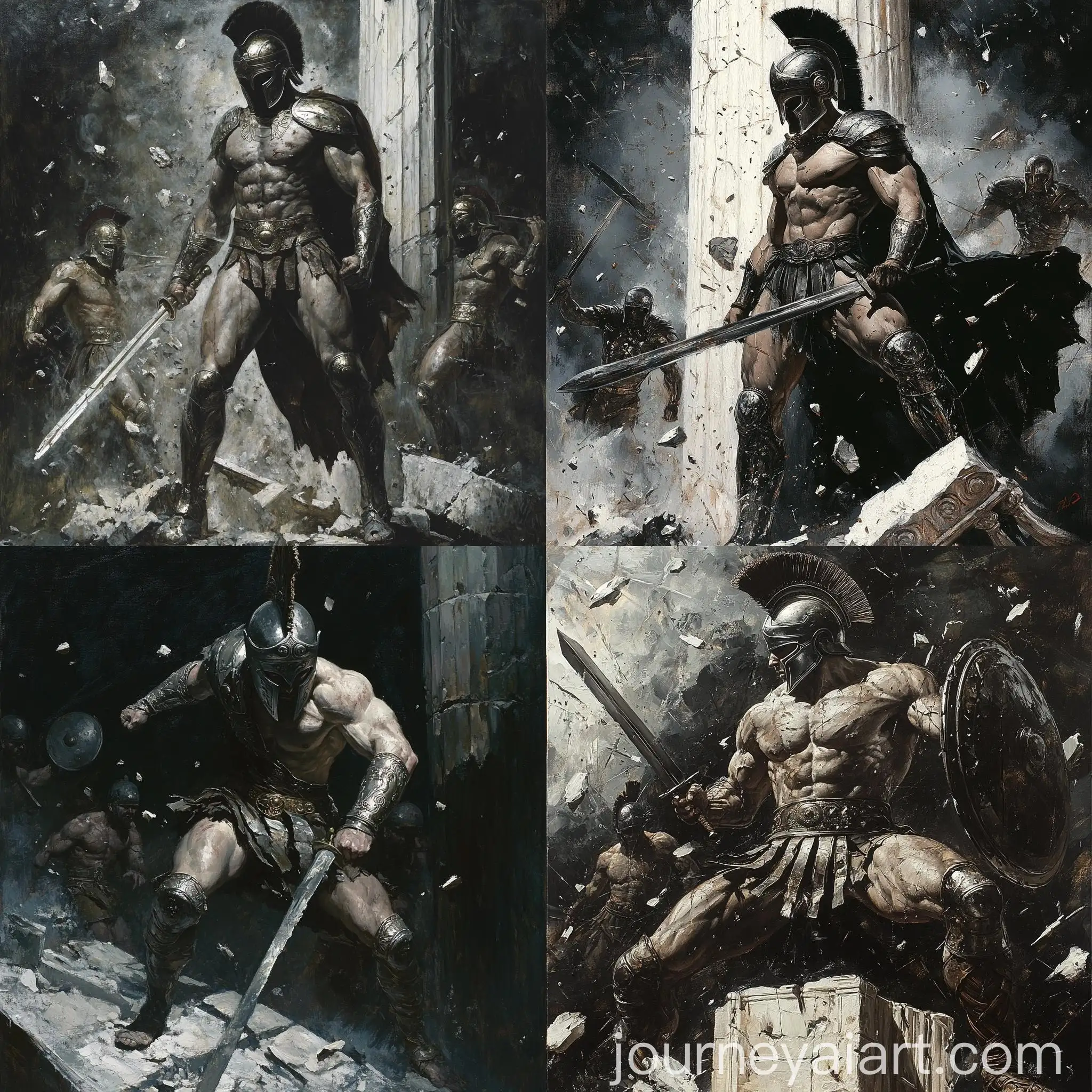 Dramatic-Spartan-Warrior-Oil-Painting-with-Corinthian-Helmet-and-Sword